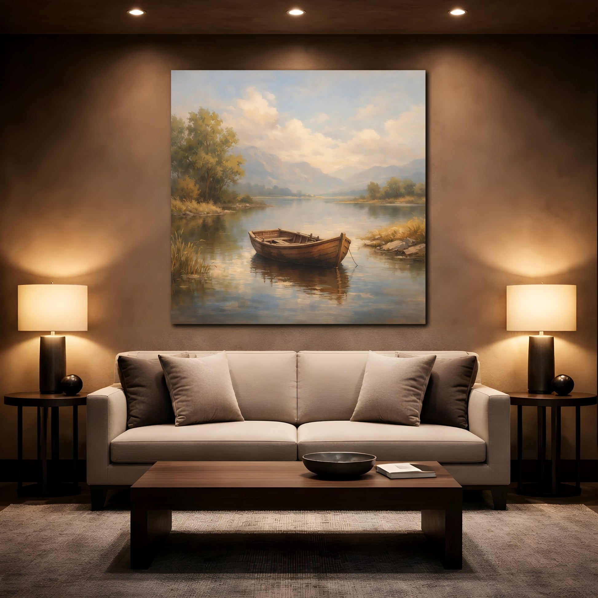 Mockup 2. Nature Rowboat Rowboat Lake Landscape shown as stretched canvas wall art