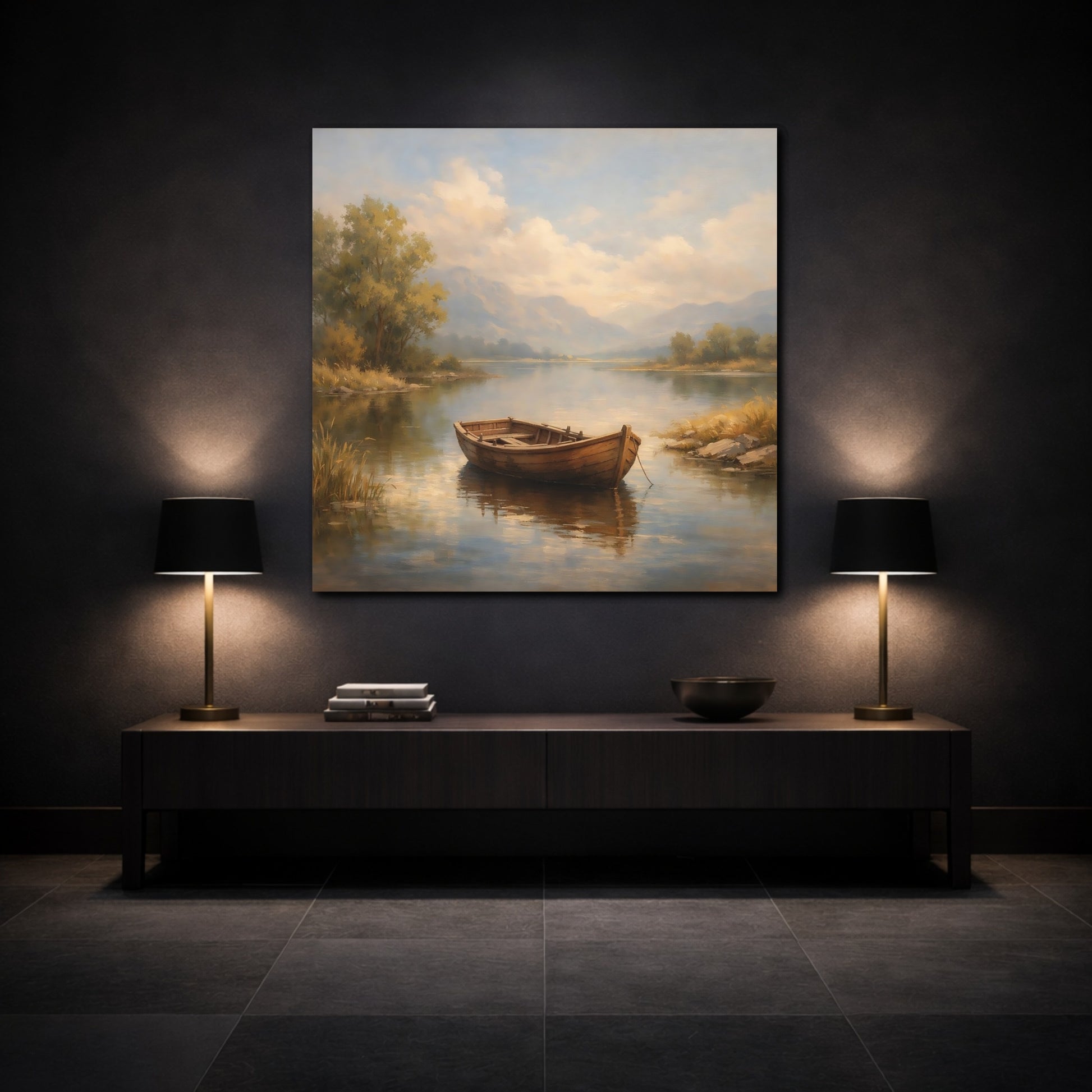 Mockup 3. Nature Rowboat Rowboat Lake Landscape shown as stretched canvas wall art