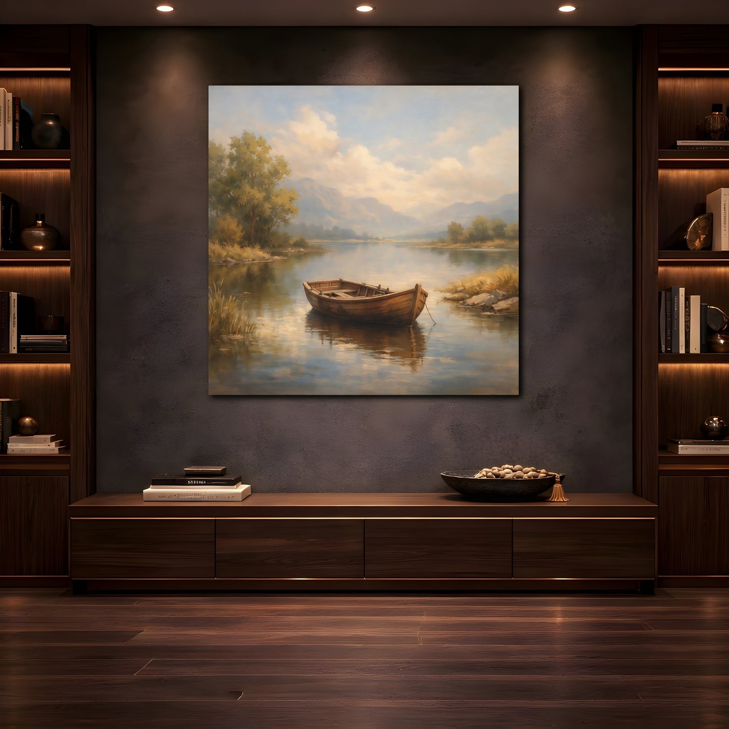 Mockup 4. Nature Rowboat Rowboat Lake Landscape shown as stretched canvas wall art