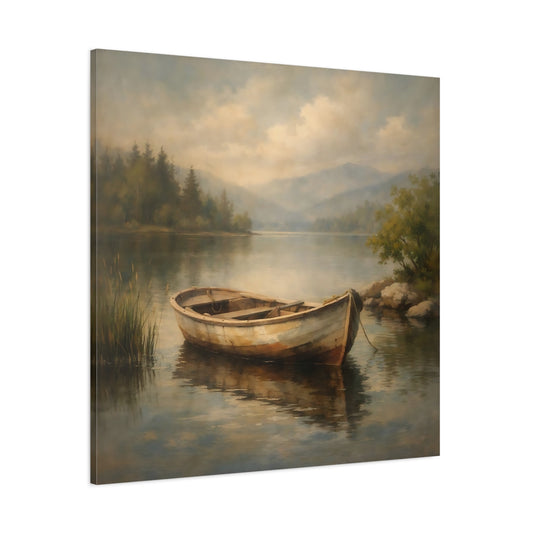 Main Mockup. Nature Rowboat Rowboat Lake Scene shown as stretched canvas wall art