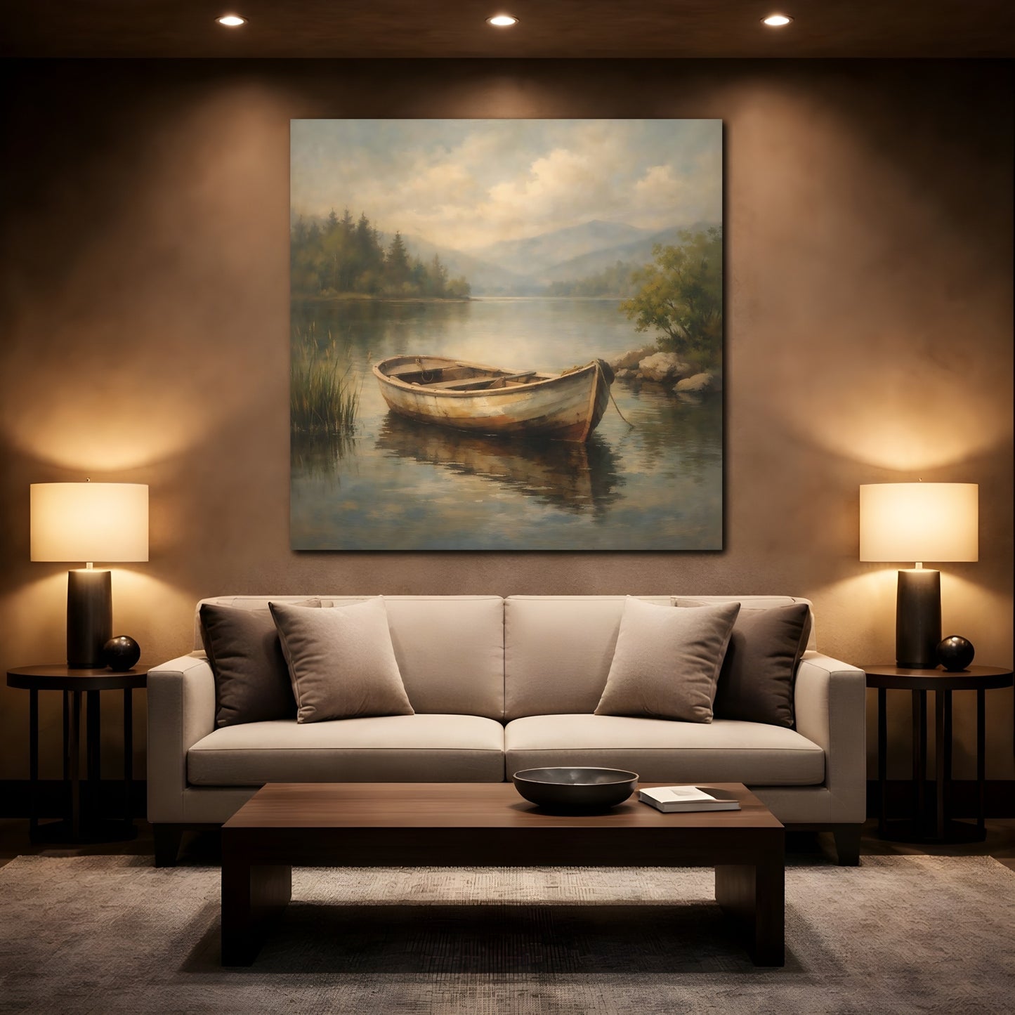 Mockup 2. Nature Rowboat Rowboat Lake Scene shown as stretched canvas wall art