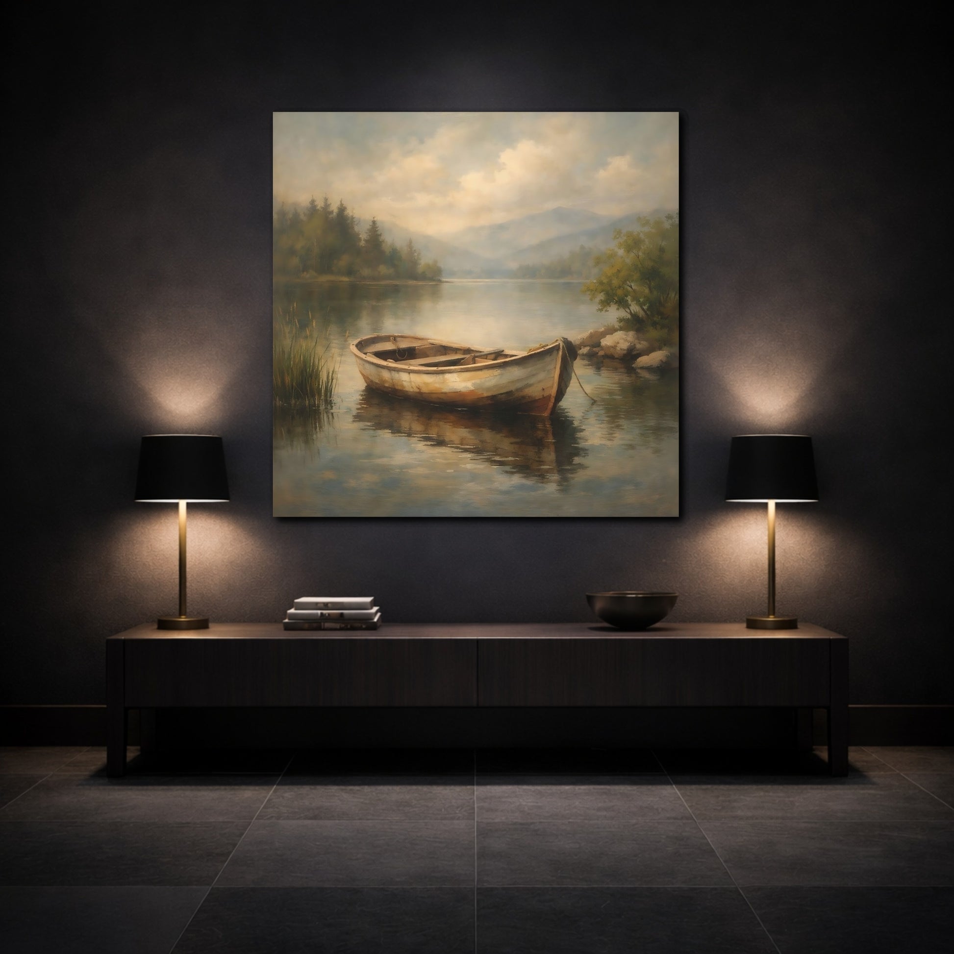 Mockup 3. Nature Rowboat Rowboat Lake Scene shown as stretched canvas wall art