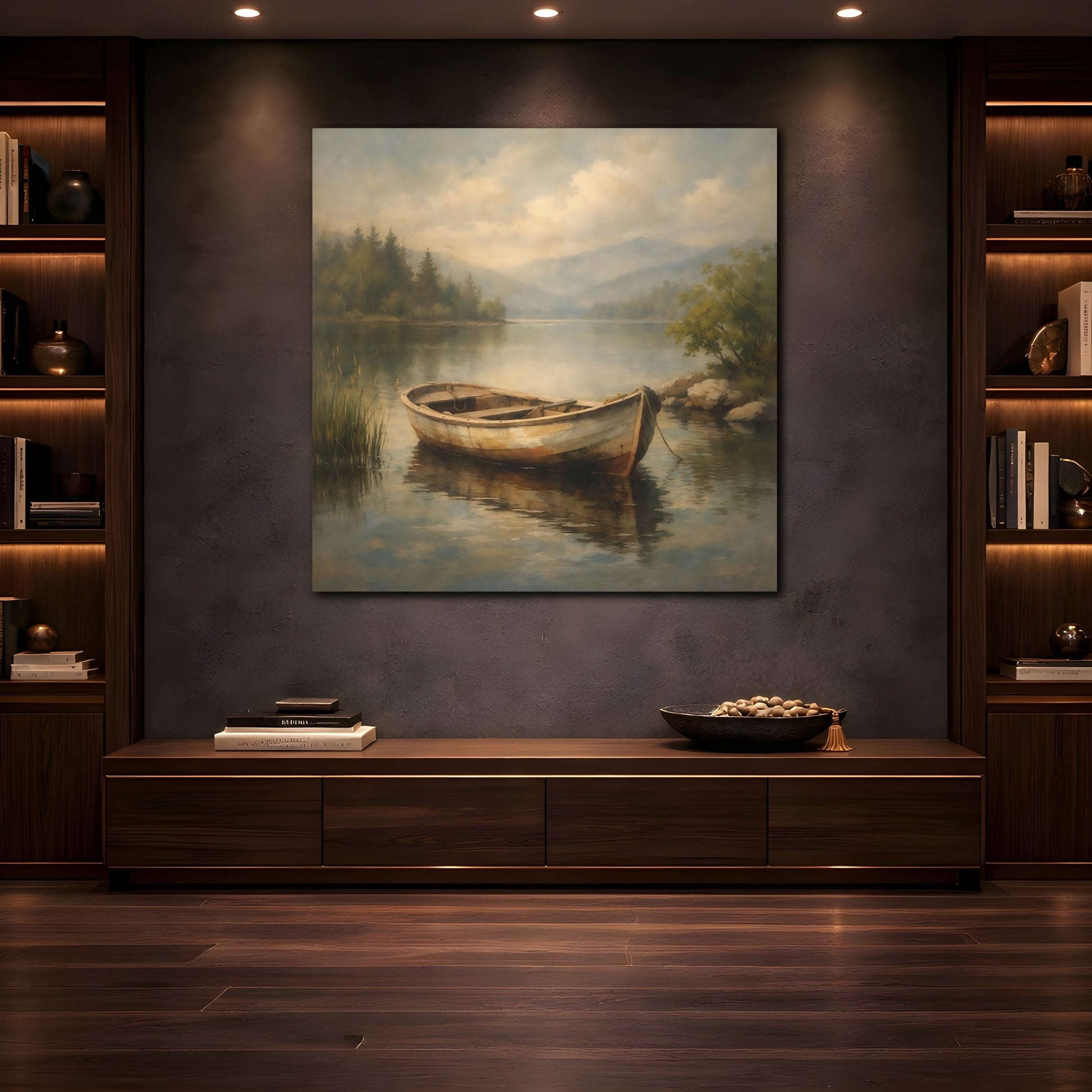 Mockup 4. Nature Rowboat Rowboat Lake Scene shown as stretched canvas wall art
