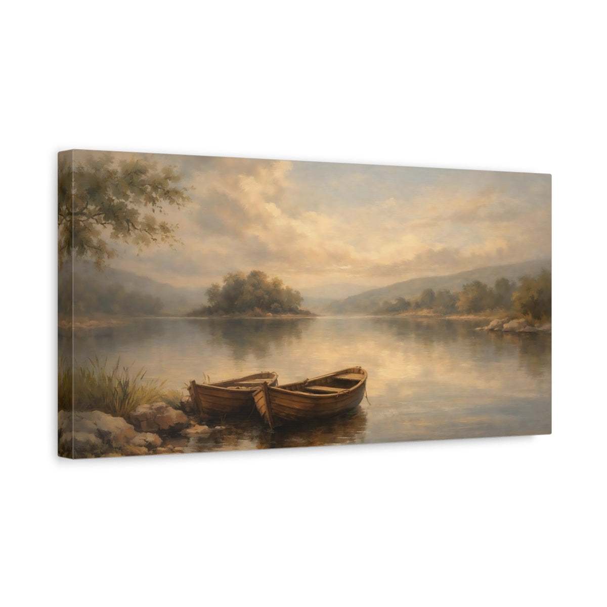 Side Mockup 3. Nature Rowboats Brown And Blue Landscape shown as stretched canvas wall art