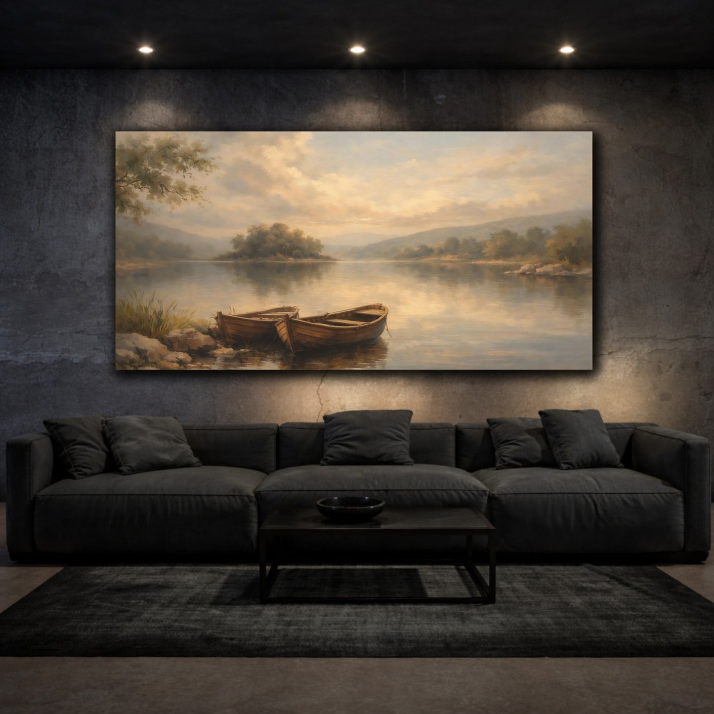 Mockup 2. Nature Rowboats Brown And Blue Landscape shown as stretched canvas wall art