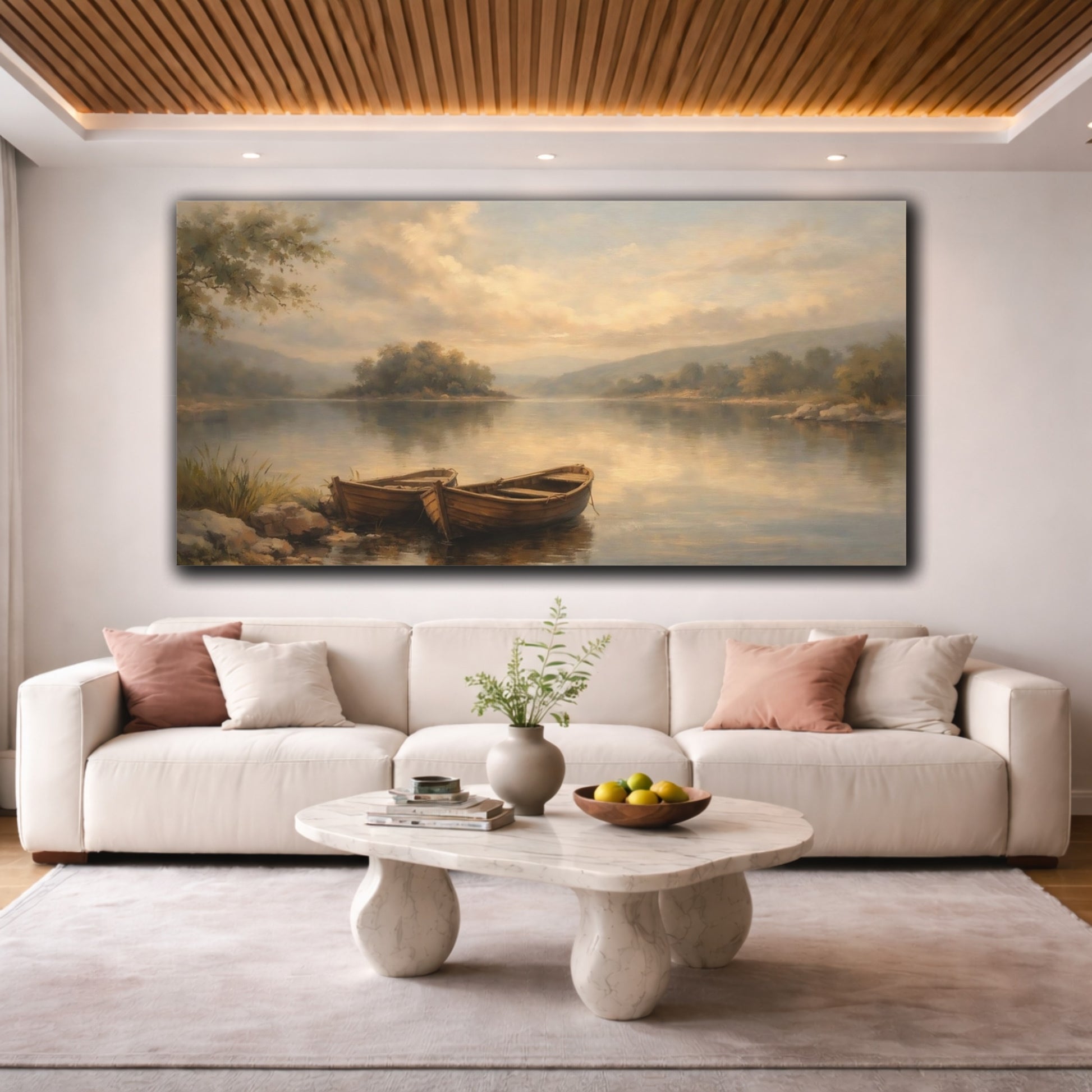 Mockup 3. Nature Rowboats Brown And Blue Landscape shown as stretched canvas wall art