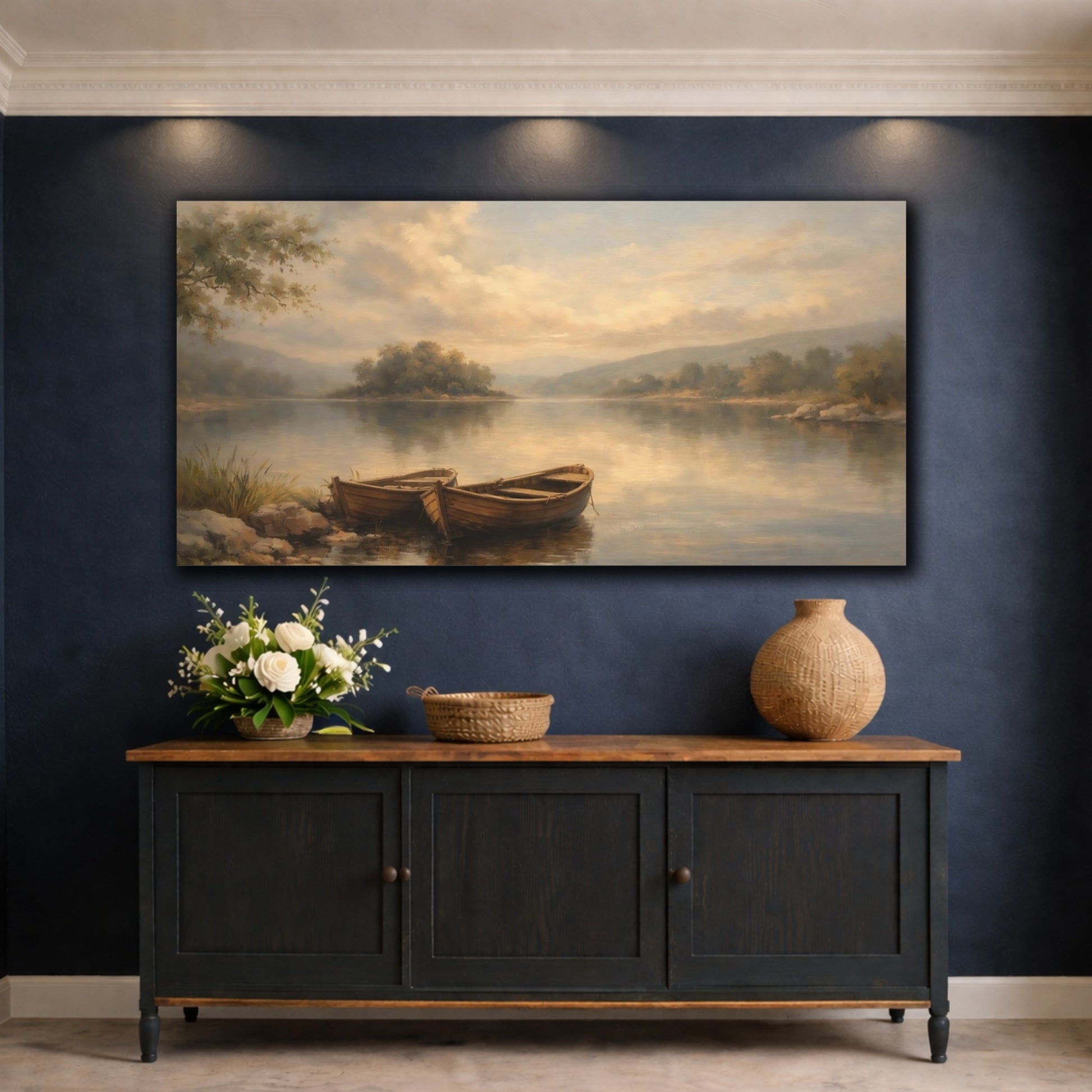 Mockup 4. Nature Rowboats Brown And Blue Landscape shown as stretched canvas wall art