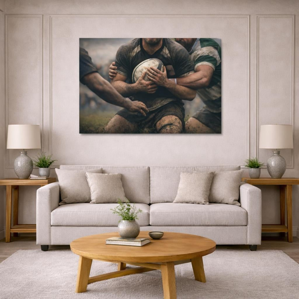 Nature Rugby shown as canvas wall art in a modern living room