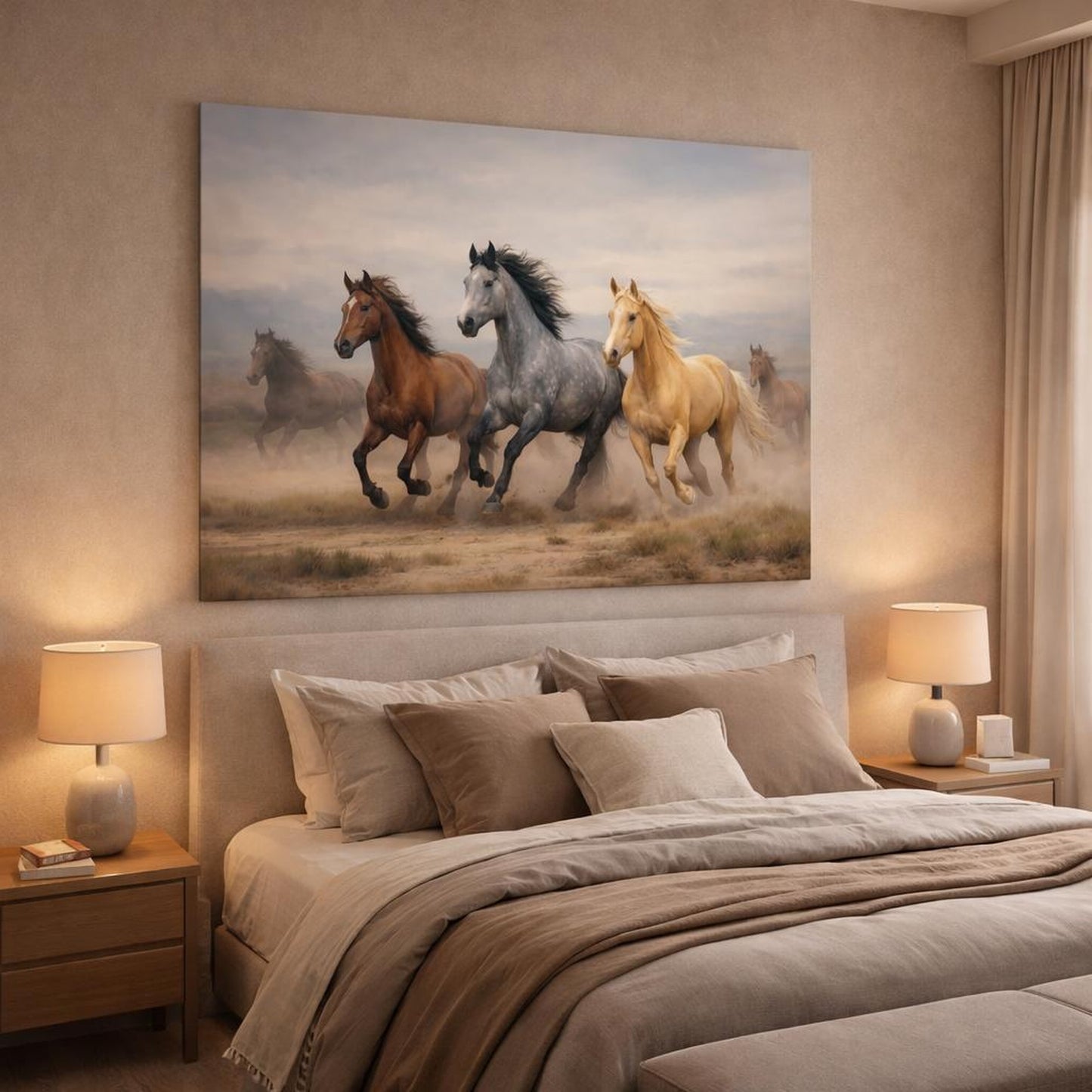 Nature Running Horses shown as canvas wall art in a luxury bedroom