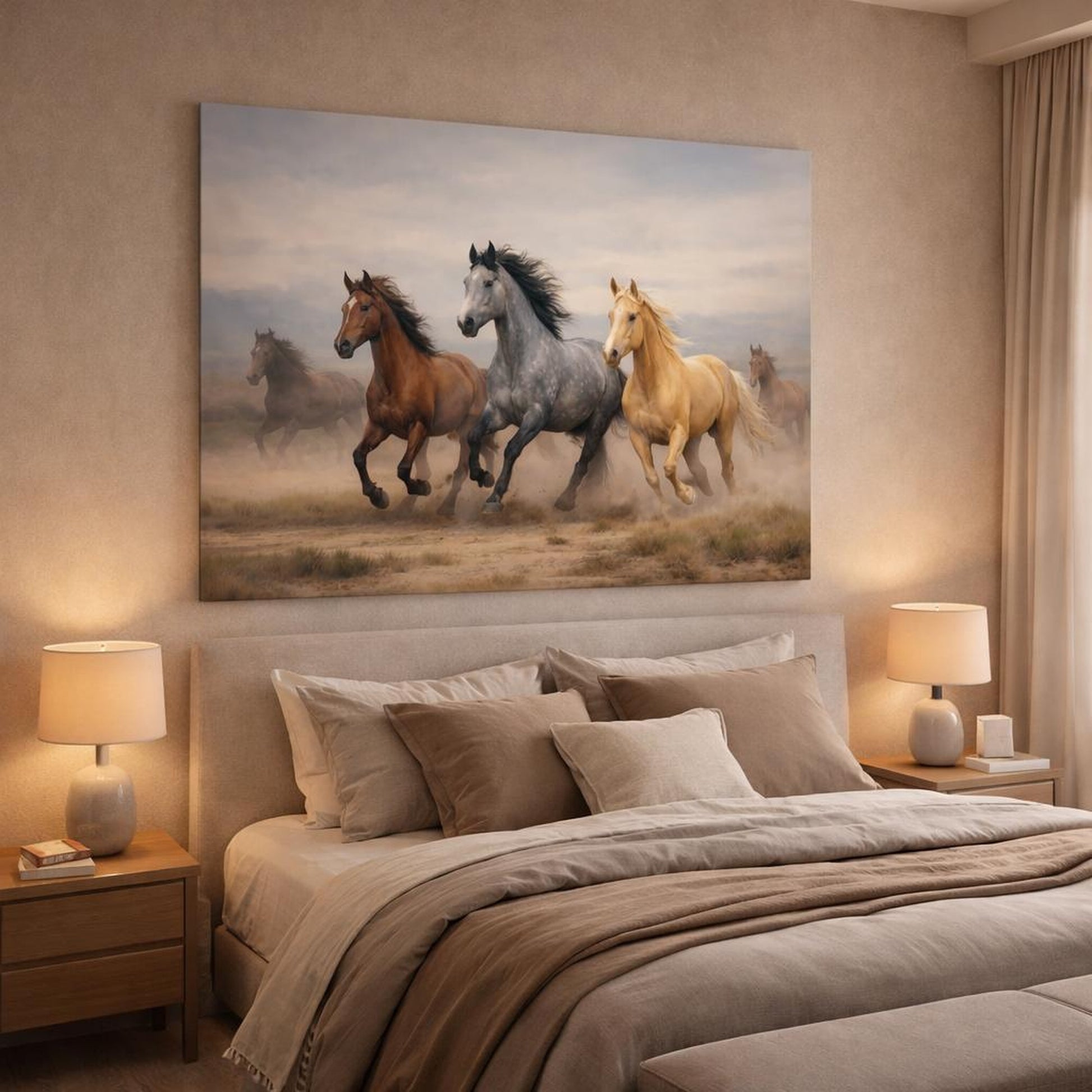 Nature Running Horses shown as canvas wall art in a luxury bedroom