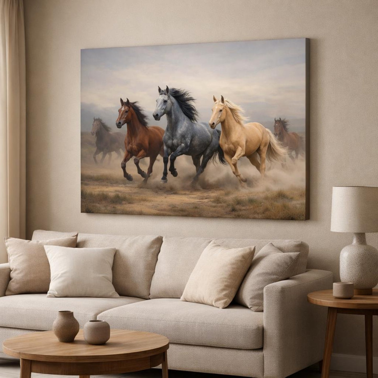 Nature Running Horses shown as canvas wall art in a modern living room
