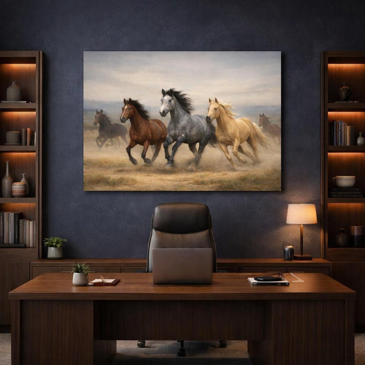 Nature Running Horses shown as canvas wall art in a refined dining room