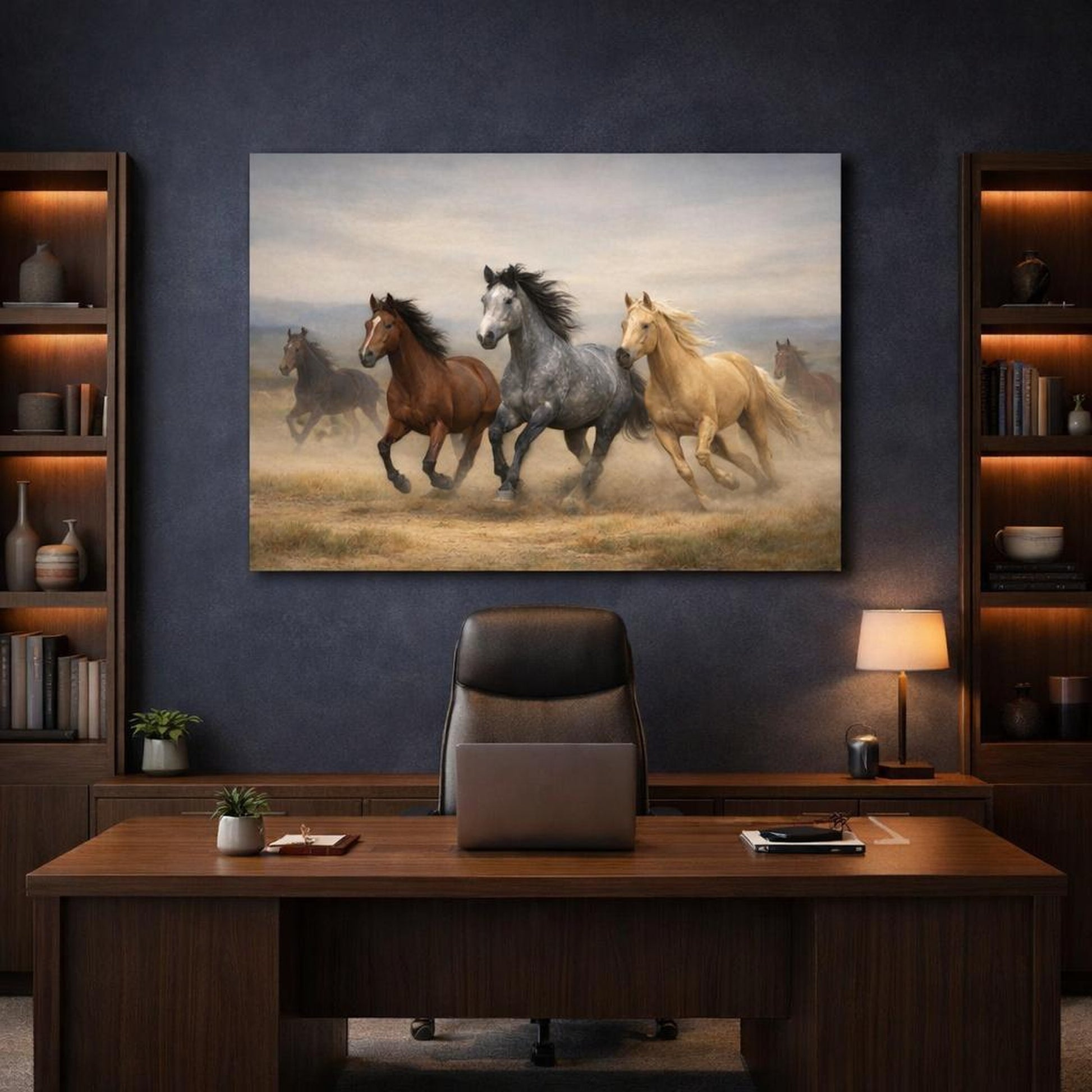Nature Running Horses shown as canvas wall art in a refined dining room
