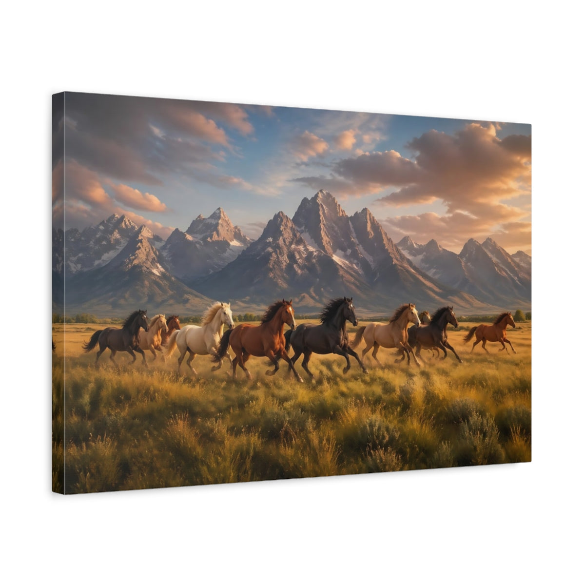 Side Mockup 3. Nature Running Horses Golden Hour Horses shown as stretched canvas wall art