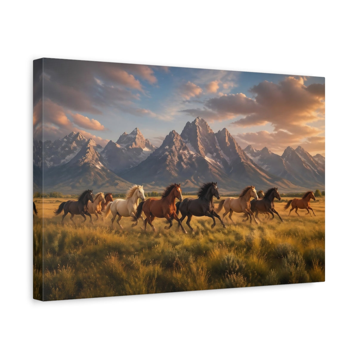 Side Mockup 4. Nature Running Horses Golden Hour Horses shown as stretched canvas wall art