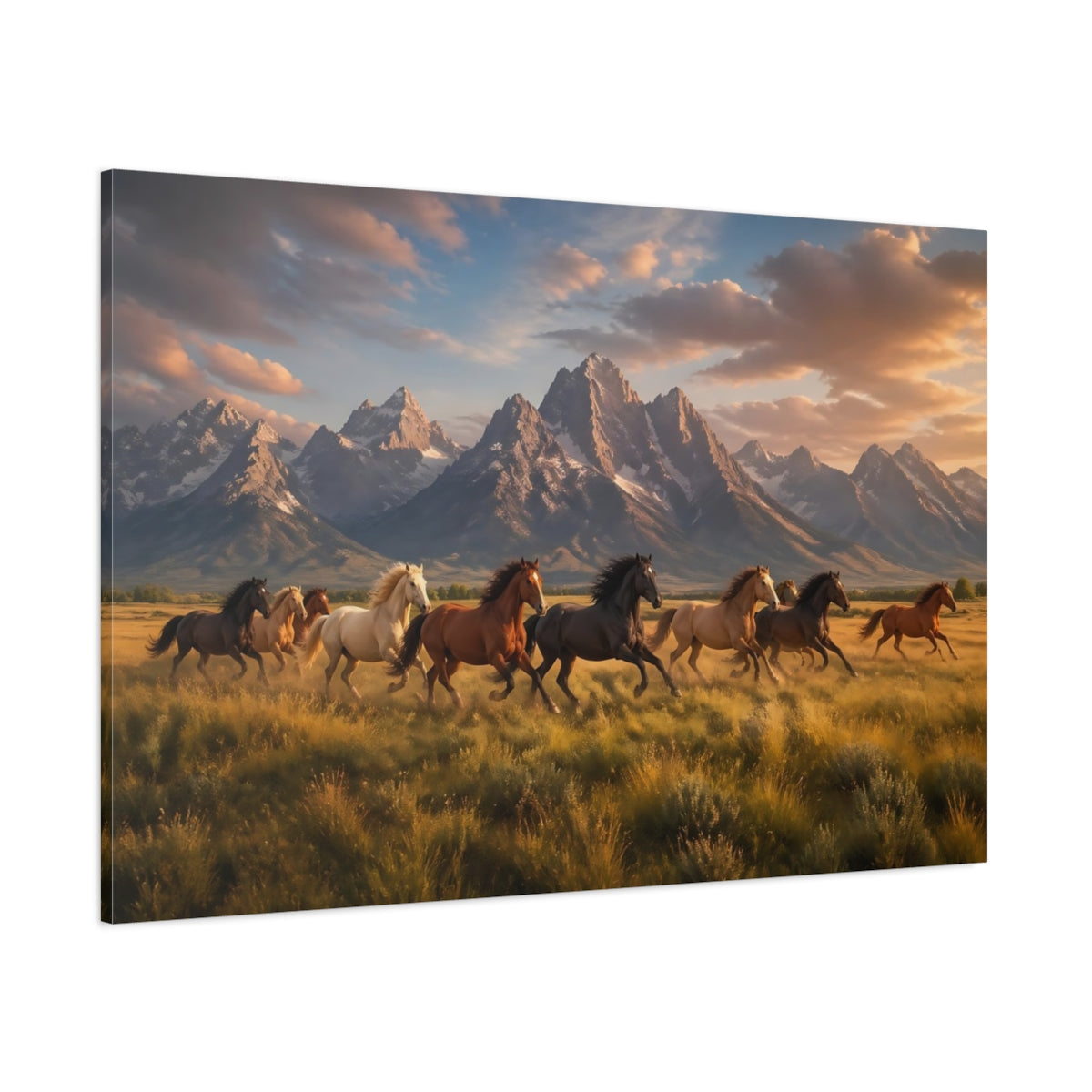 Side Mockup 1. Nature Running Horses Golden Hour Horses shown as stretched canvas wall art