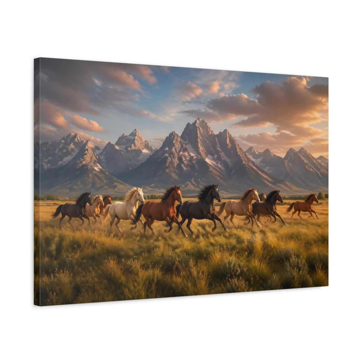 Side Mockup 2. Nature Running Horses Golden Hour Horses shown as stretched canvas wall art