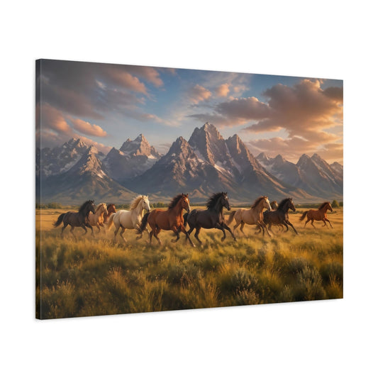 Main Mockup. Nature Running Horses Golden Hour Horses shown as stretched canvas wall art