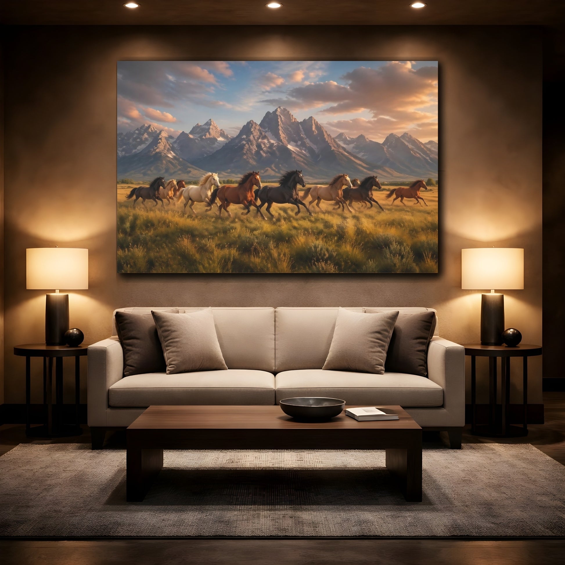 Mockup 2. Nature Running Horses Golden Hour Horses shown as stretched canvas wall art