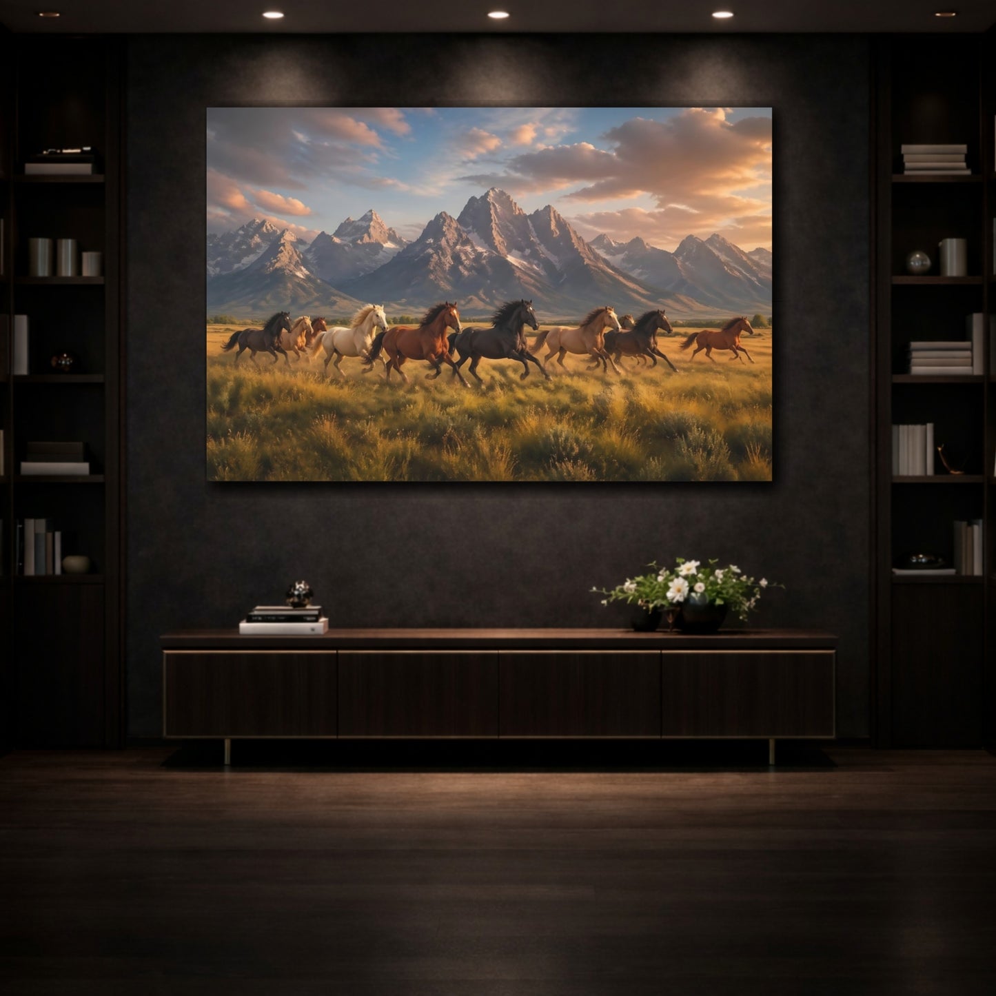 Mockup 3. Nature Running Horses Golden Hour Horses shown as stretched canvas wall art