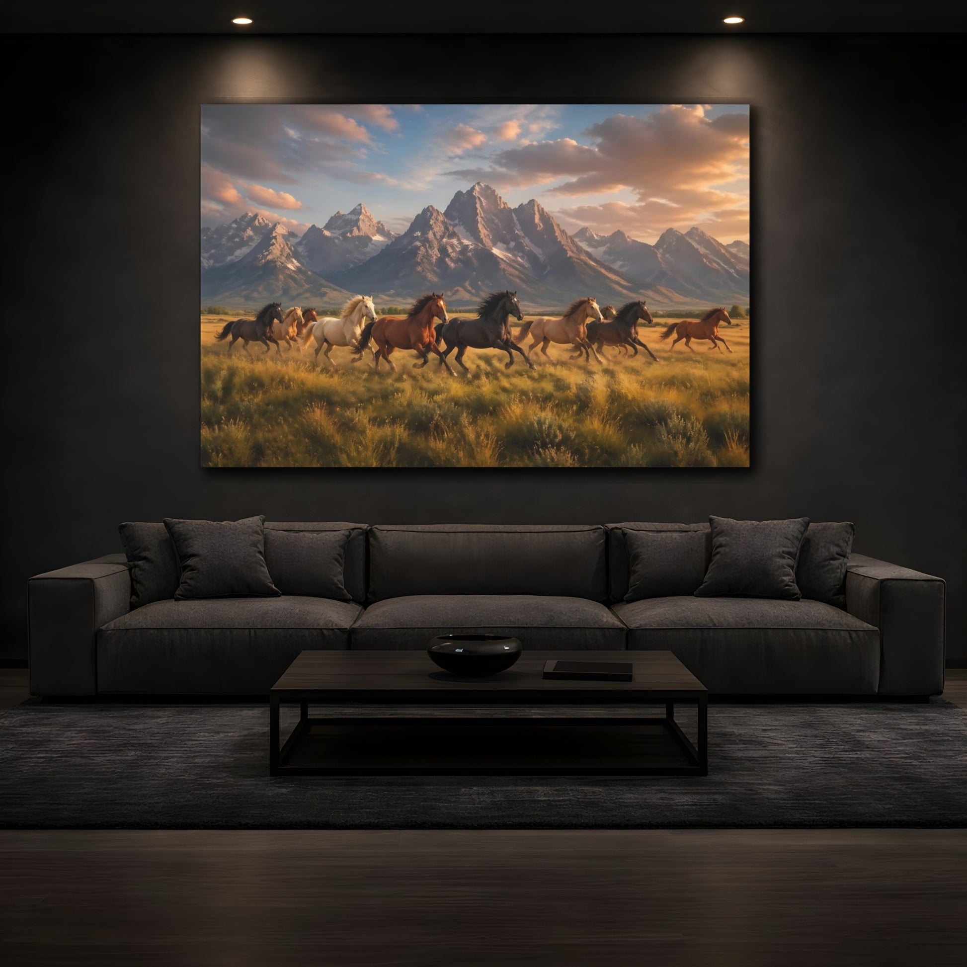 Mockup 4. Nature Running Horses Golden Hour Horses shown as stretched canvas wall art