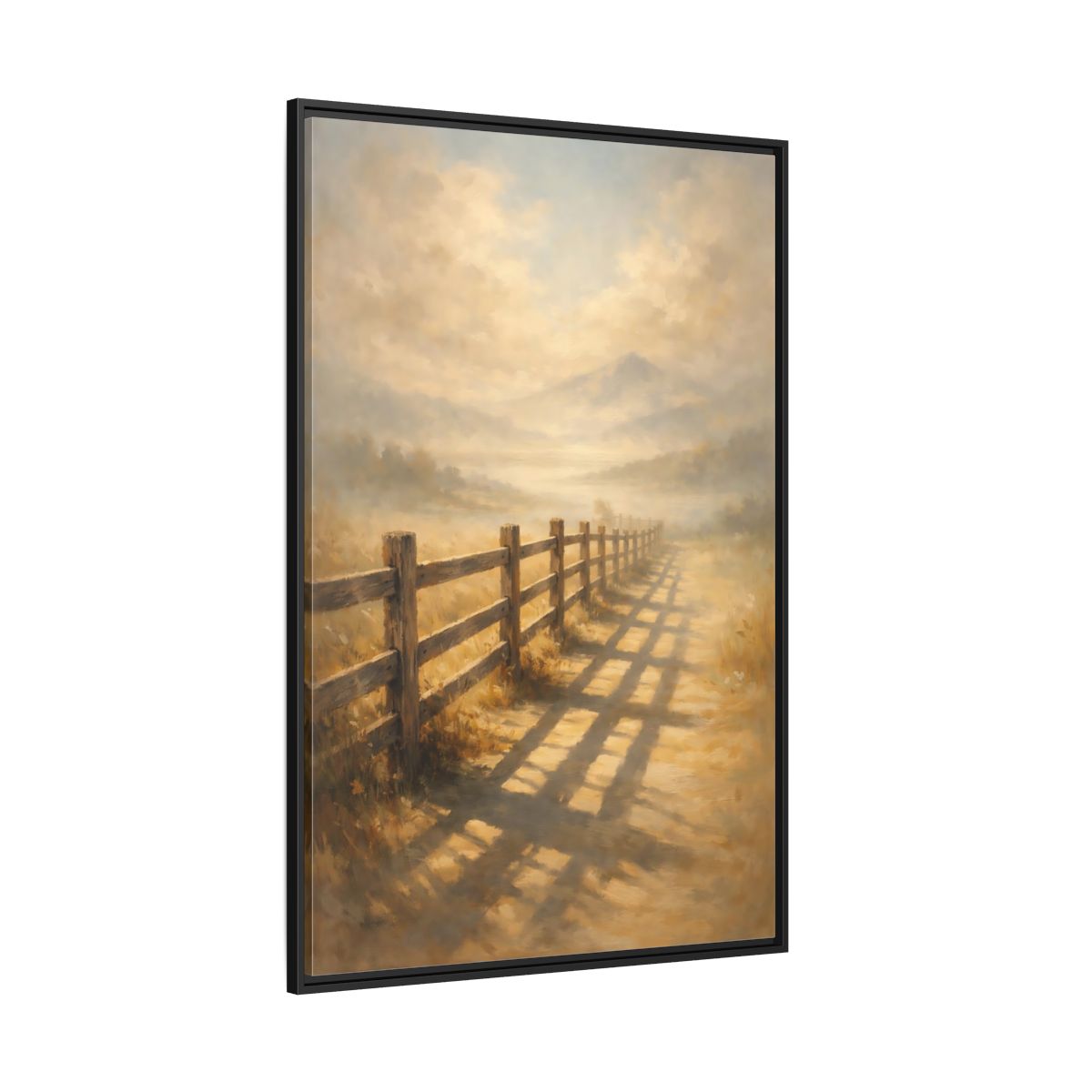Main Mockup. Nature Rural Fence Golden Landscape shown as stretched canvas wall art