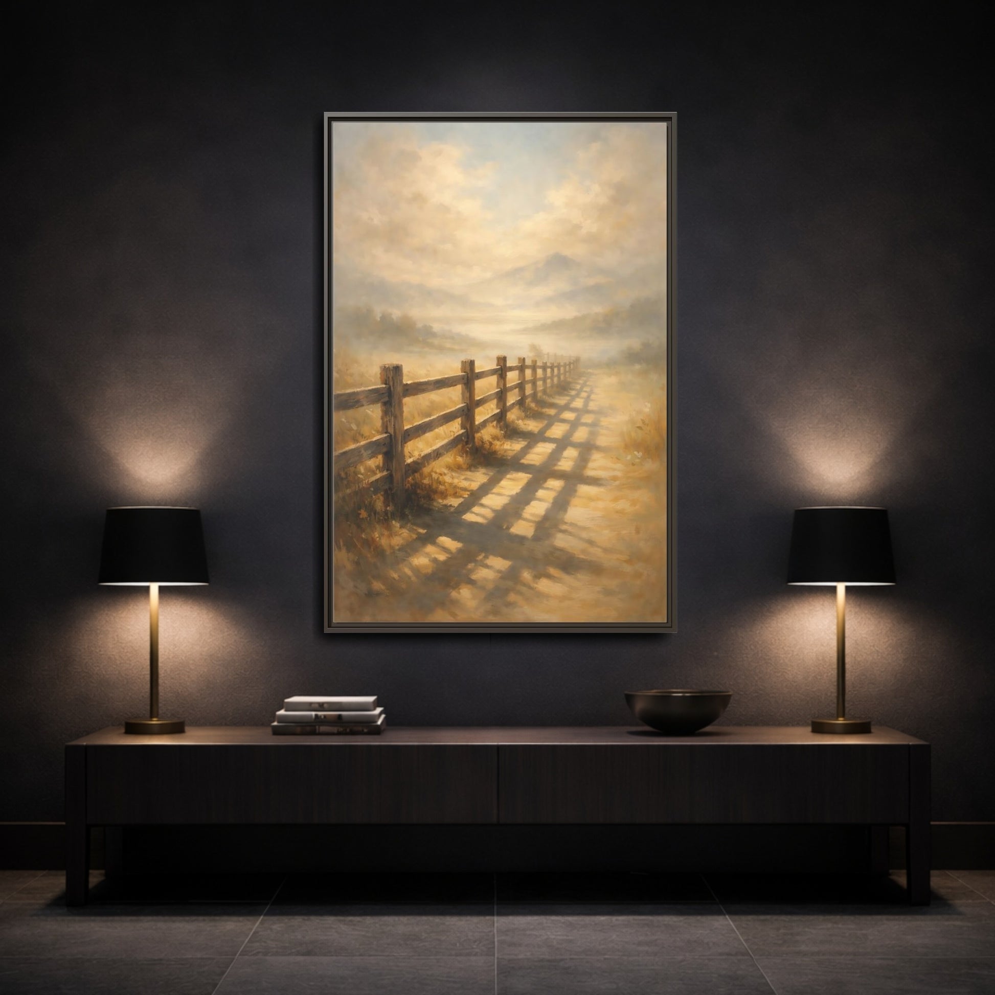 Mockup 2. Nature Rural Fence Golden Landscape shown as stretched canvas wall art