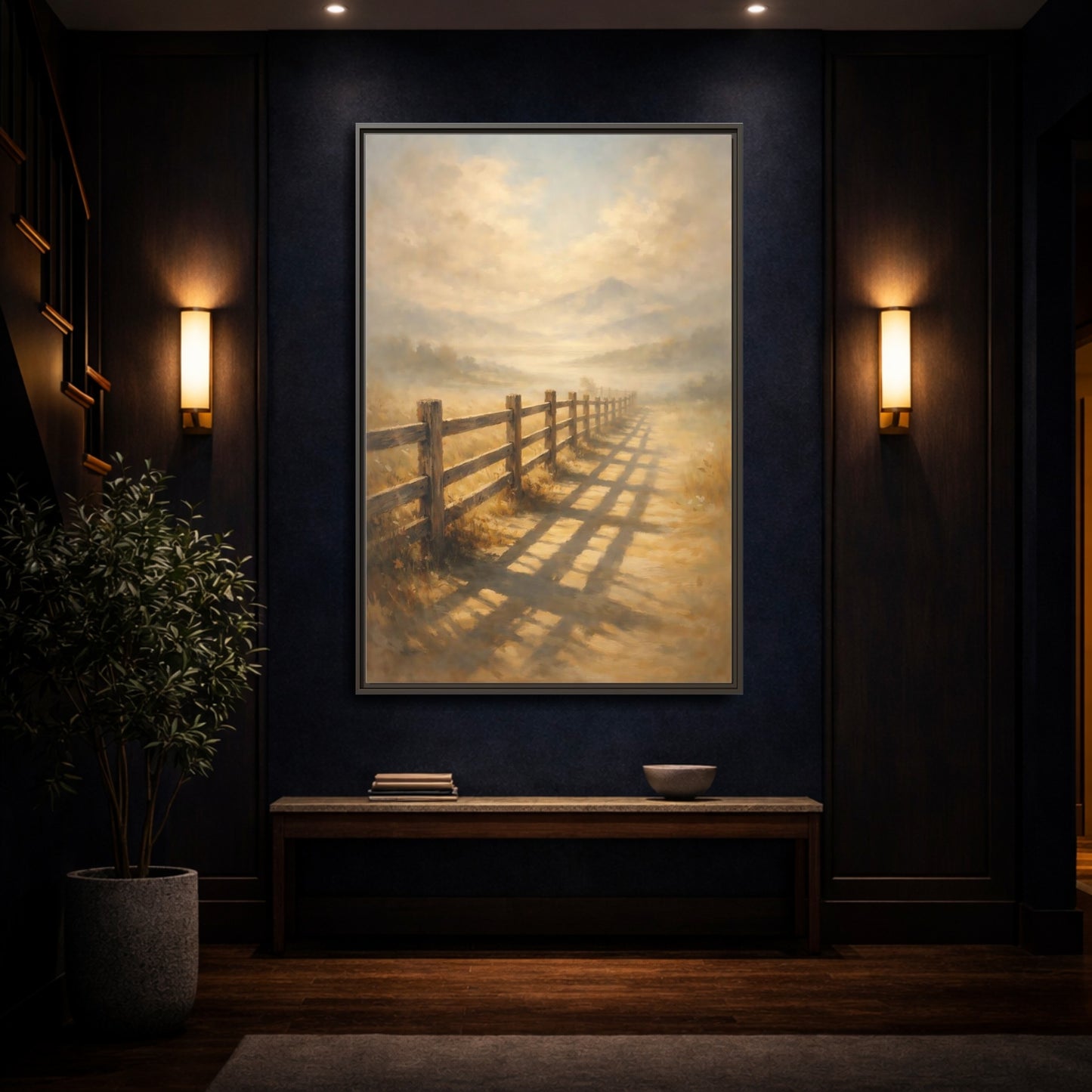 Mockup 3. Nature Rural Fence Golden Landscape shown as stretched canvas wall art