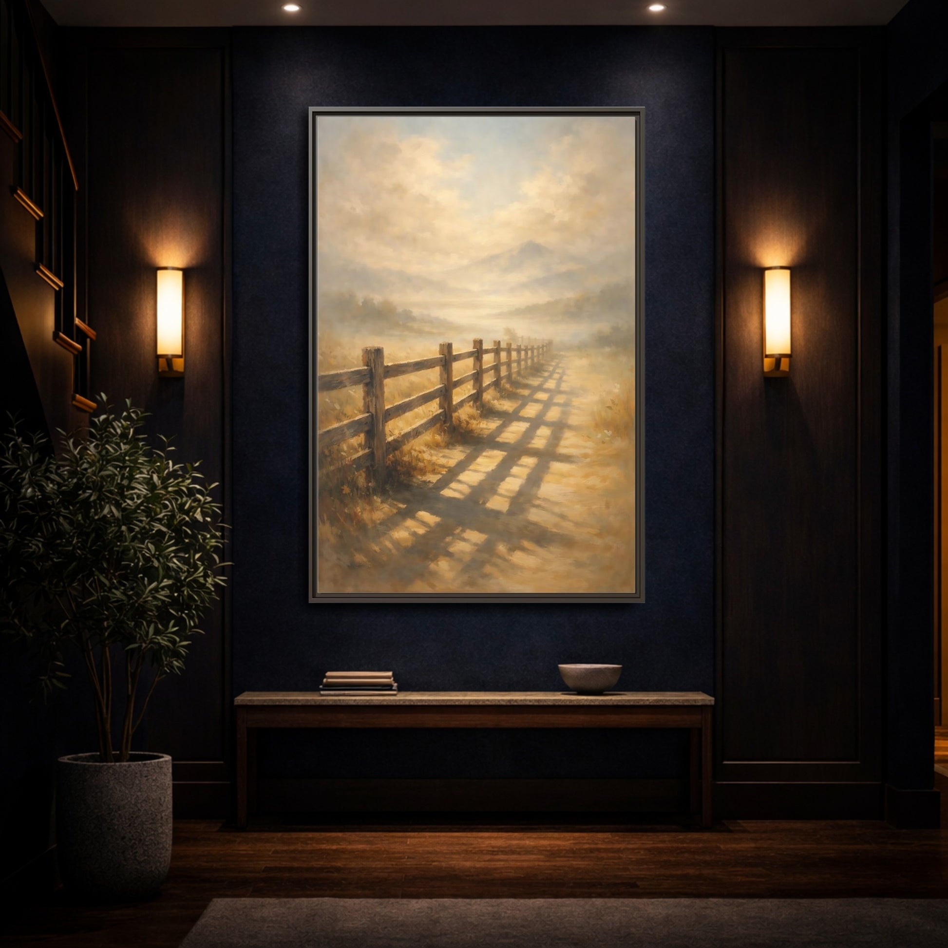 Mockup 3. Nature Rural Fence Golden Landscape shown as stretched canvas wall art