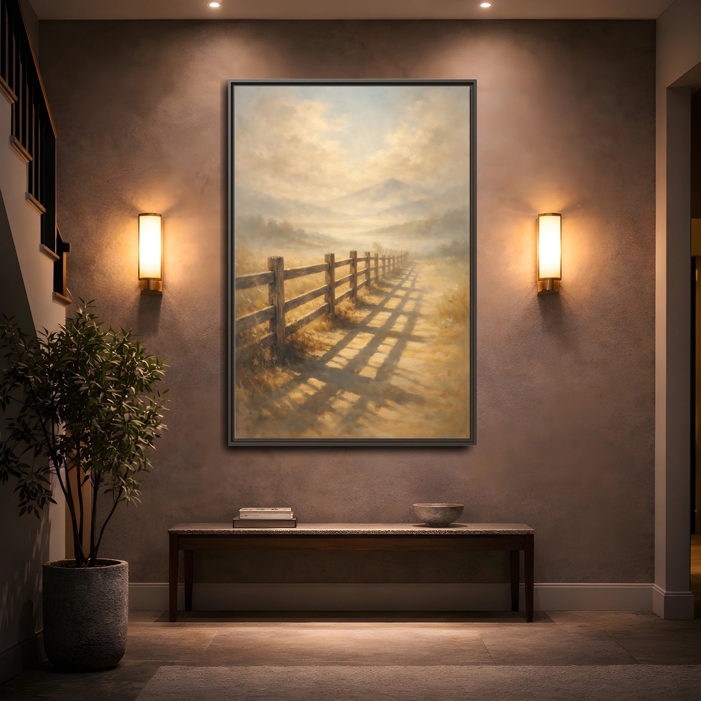 Mockup 4. Nature Rural Fence Golden Landscape shown as stretched canvas wall art