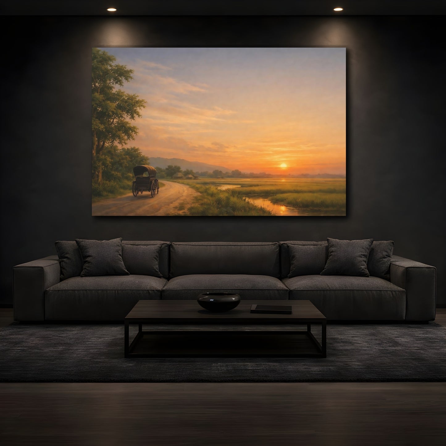 Mockup 4. Nature Rural Landscape Orange Sunset Landscape shown as stretched canvas wall art