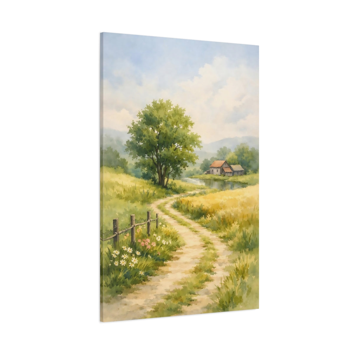 Main Mockup. Nature Rural Path Green Yellow Landscape shown as stretched canvas wall art
