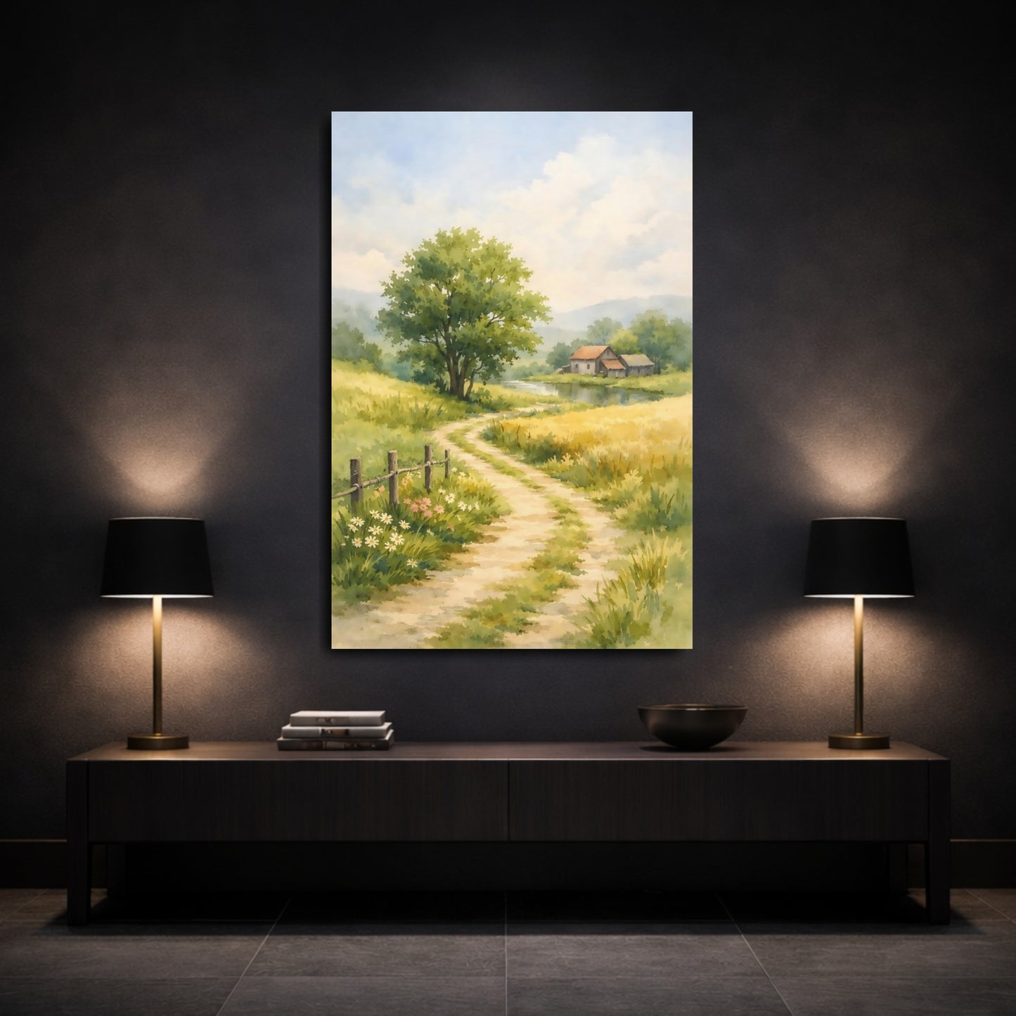 Mockup 2. Nature Rural Path Green Yellow Landscape shown as stretched canvas wall art