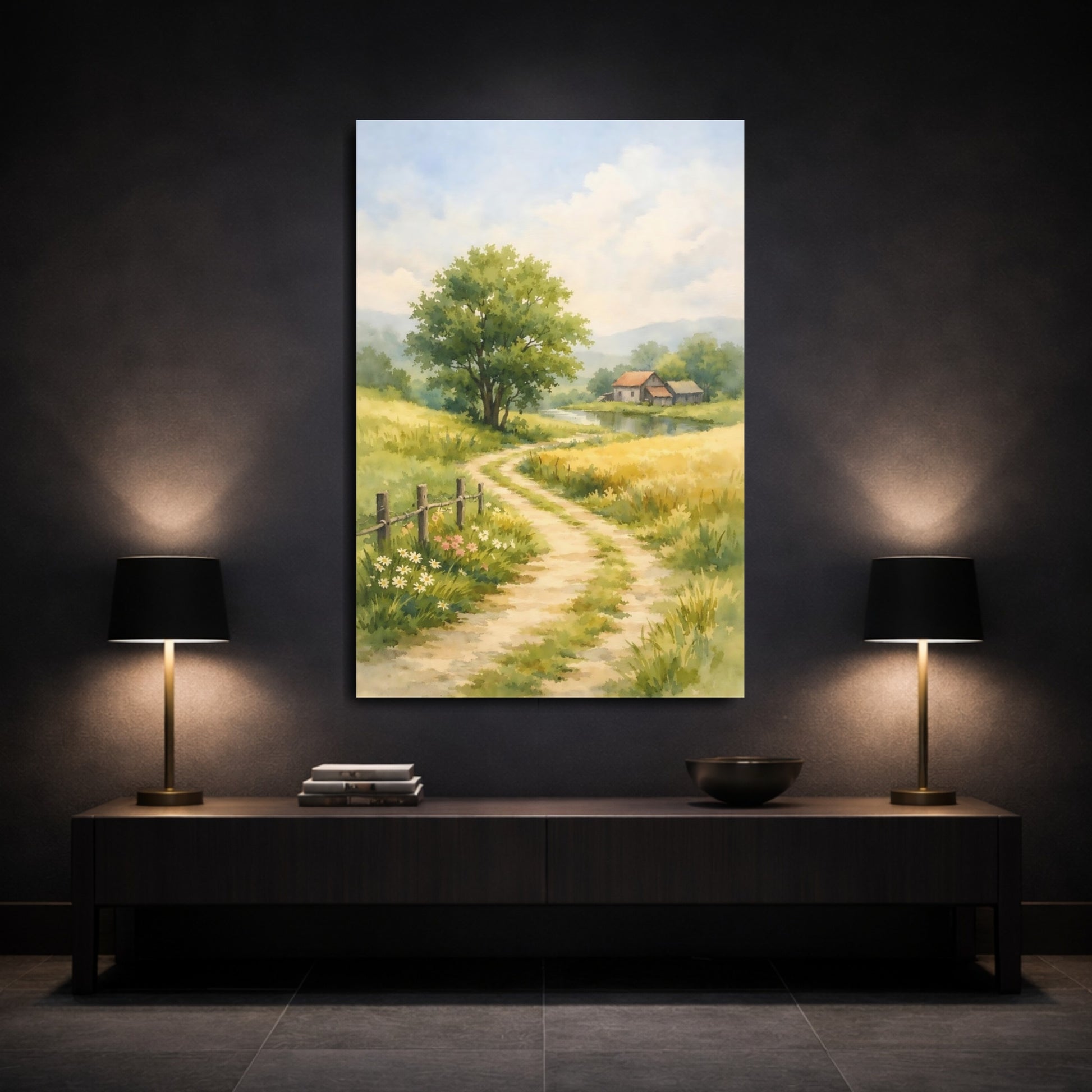 Mockup 2. Nature Rural Path Green Yellow Landscape shown as stretched canvas wall art