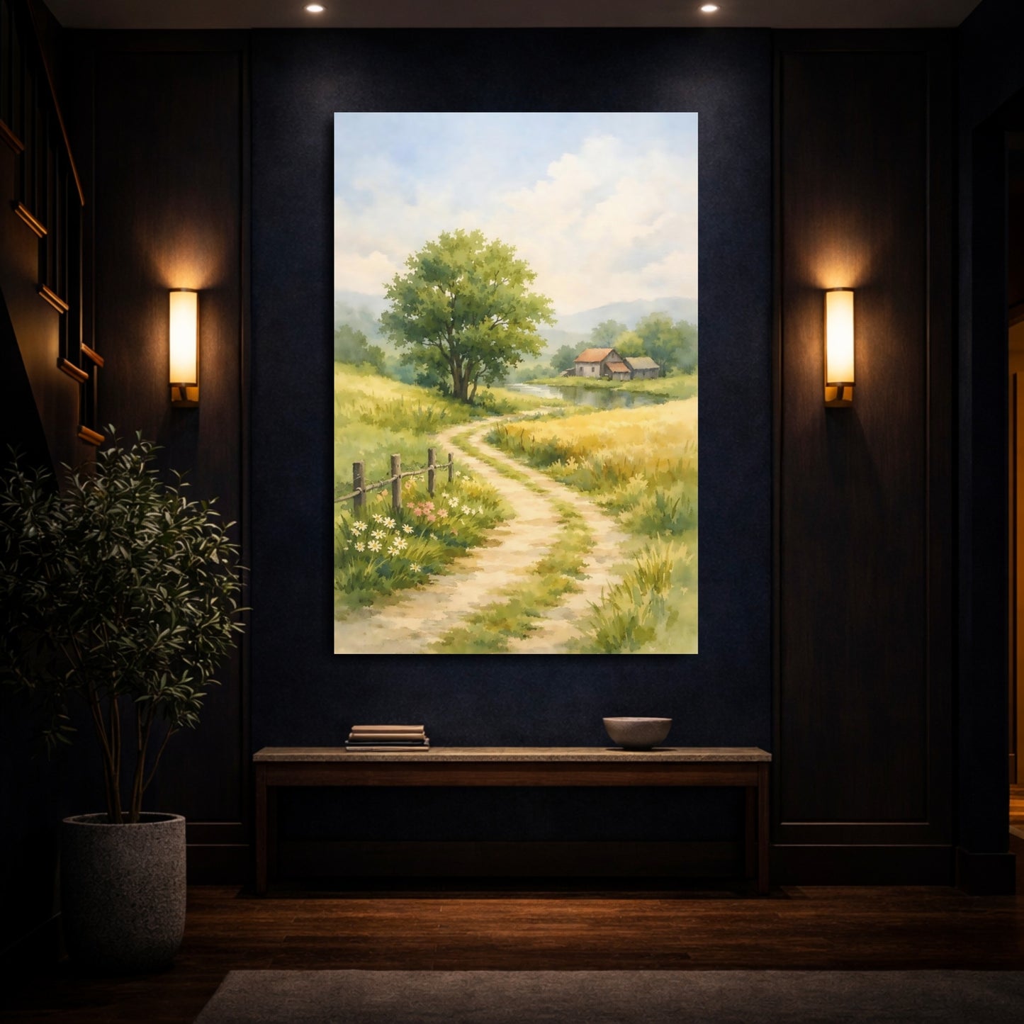 Mockup 3. Nature Rural Path Green Yellow Landscape shown as stretched canvas wall art