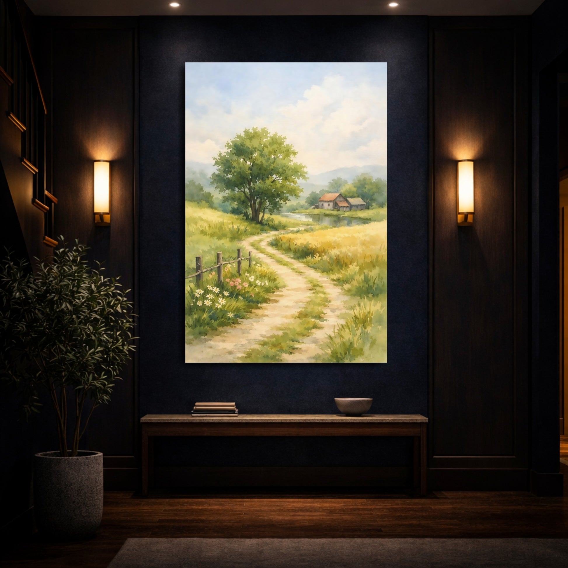 Mockup 3. Nature Rural Path Green Yellow Landscape shown as stretched canvas wall art