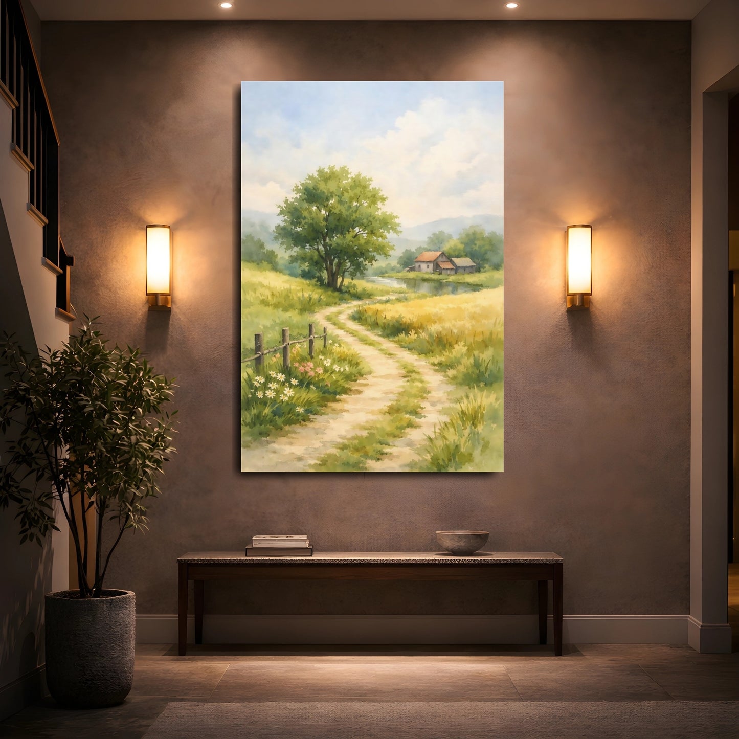 Mockup 4. Nature Rural Path Green Yellow Landscape shown as stretched canvas wall art