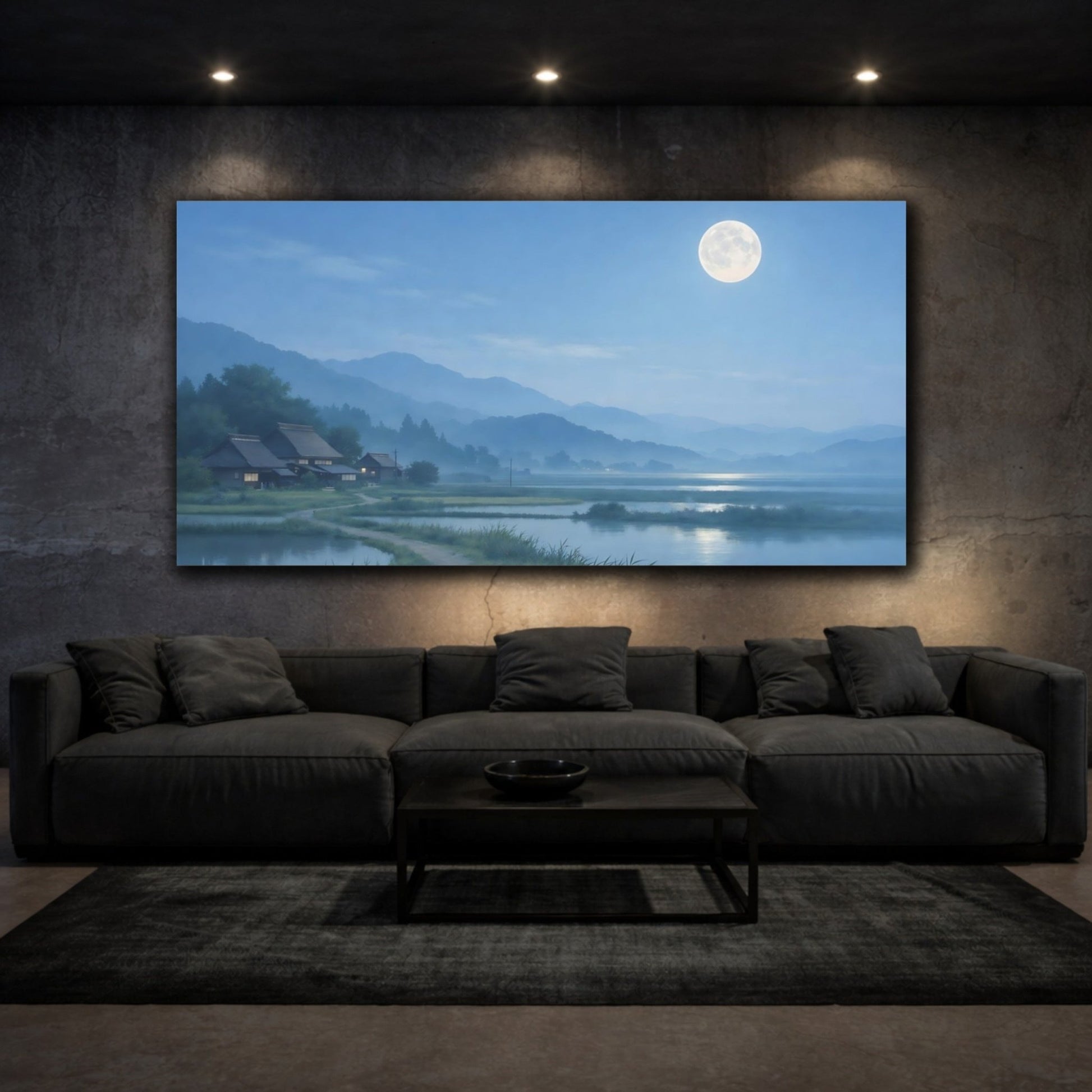Nature Rural Village Moonlit Scene - Canvas Wall Art Print - YesArtYes