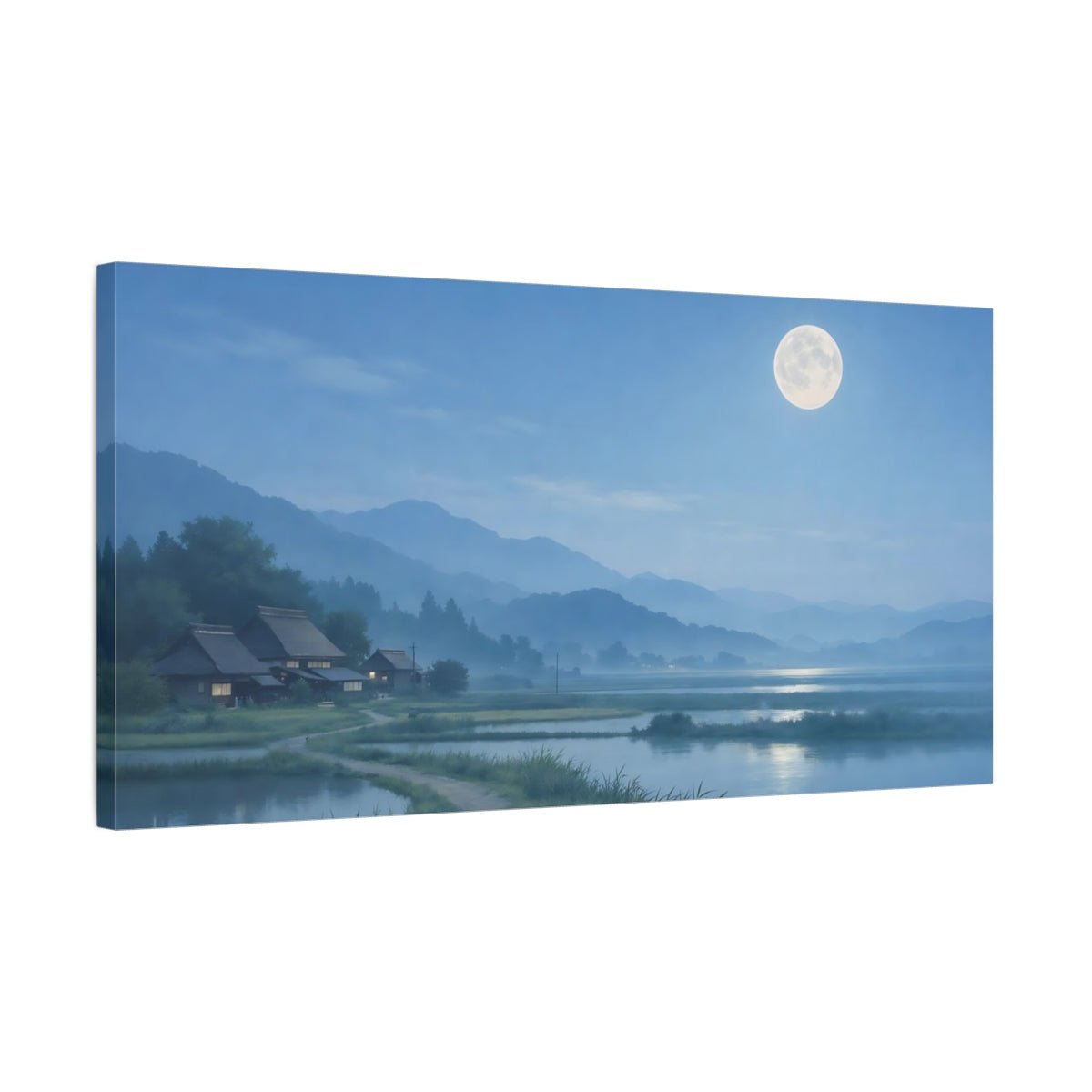 Nature Rural Village Moonlit Scene - Canvas Wall Art Print - YesArtYes