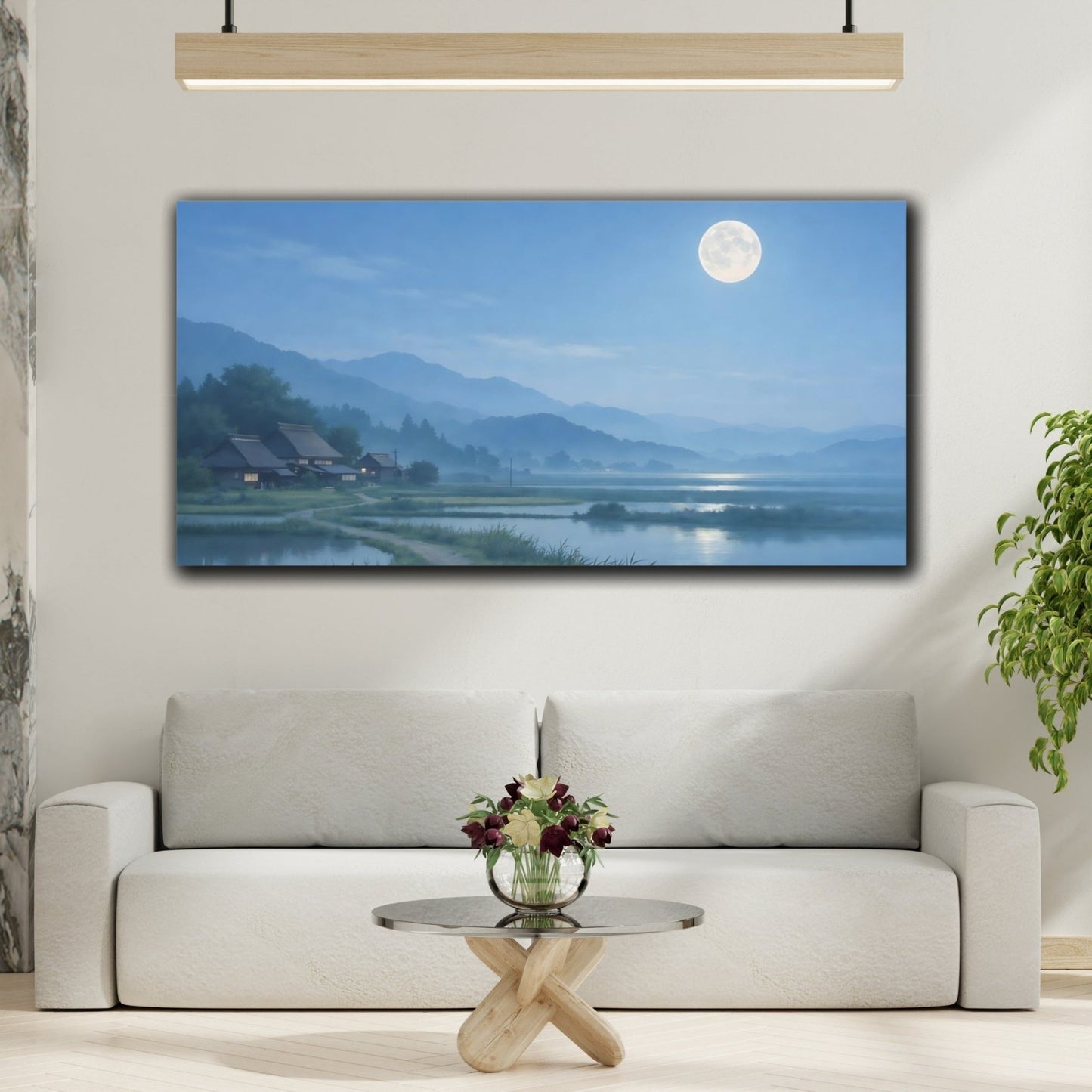 Nature Rural Village Moonlit Scene - Canvas Wall Art Print - YesArtYes