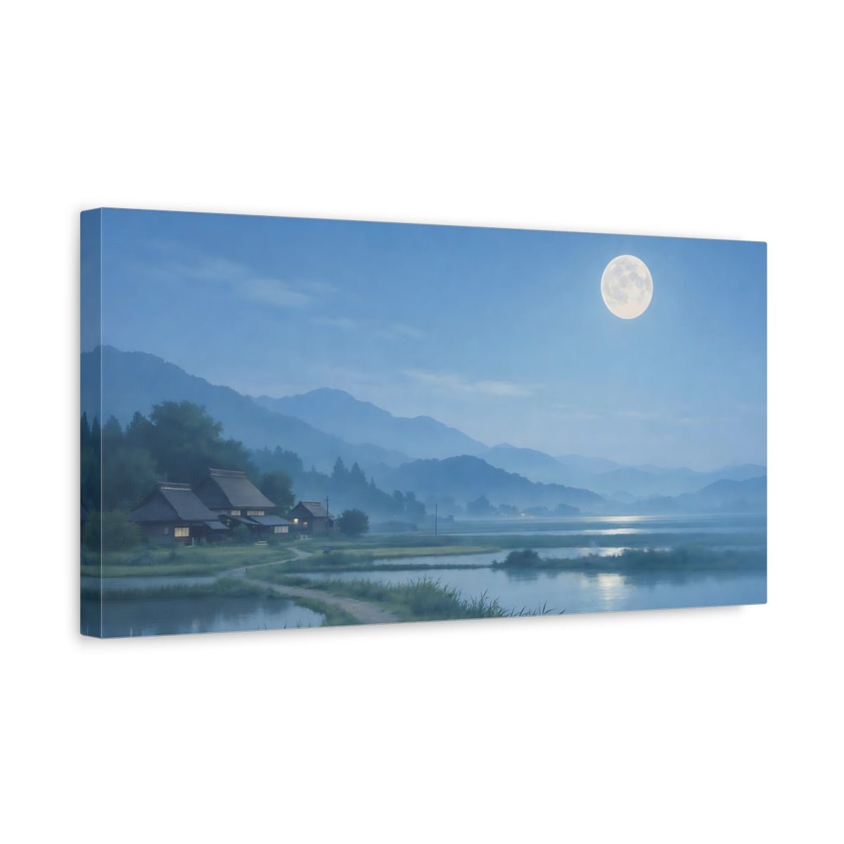 Nature Rural Village Moonlit Scene - Canvas Wall Art Print - YesArtYes