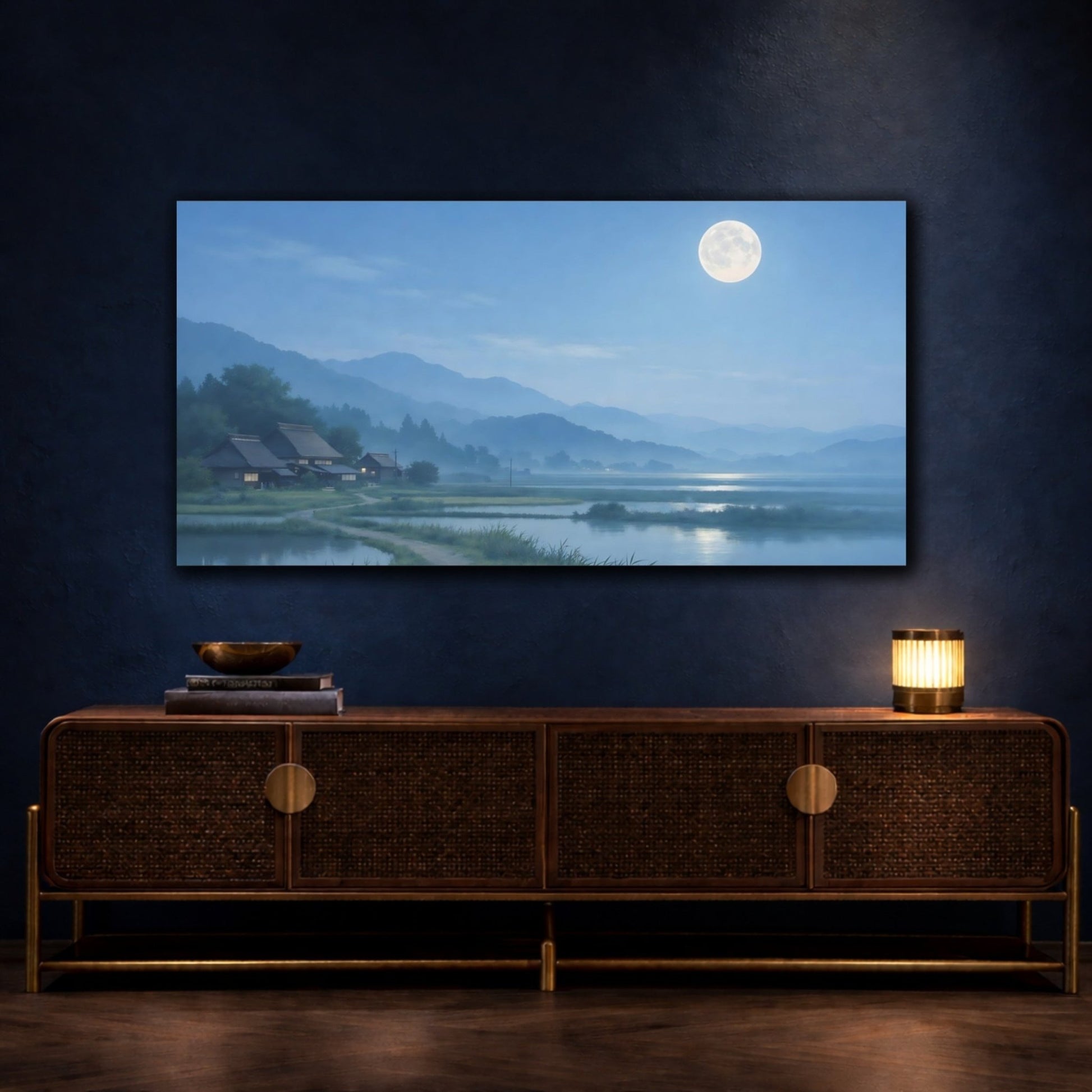 Nature Rural Village Moonlit Scene - Canvas Wall Art Print - YesArtYes