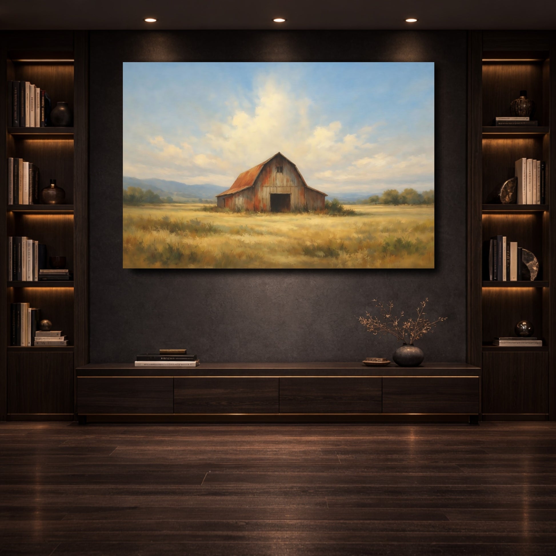 Mockup 3. Nature Rustic Barn Barn Landscape shown as stretched canvas wall art