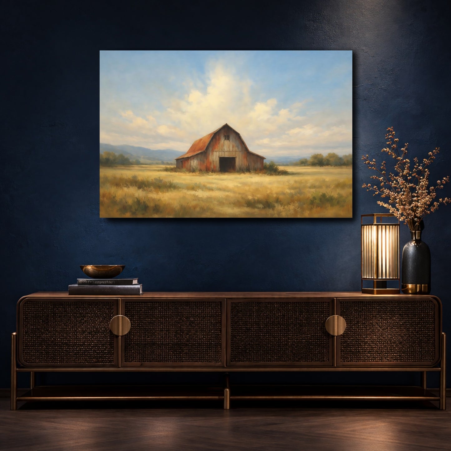Mockup 4. Nature Rustic Barn Barn Landscape shown as stretched canvas wall art
