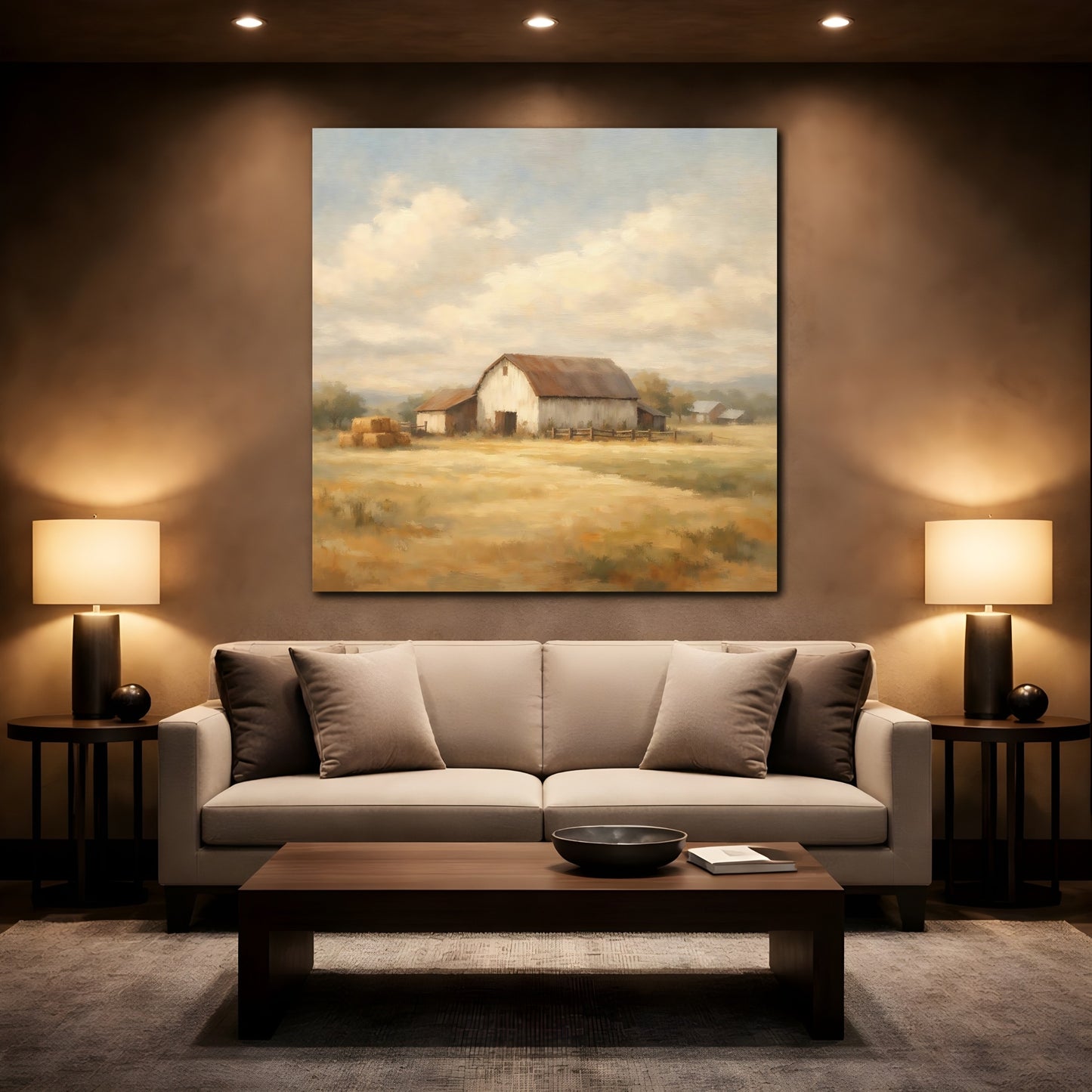 Mockup 2. Nature Rustic Barn Brown And Yellow shown as stretched canvas wall art