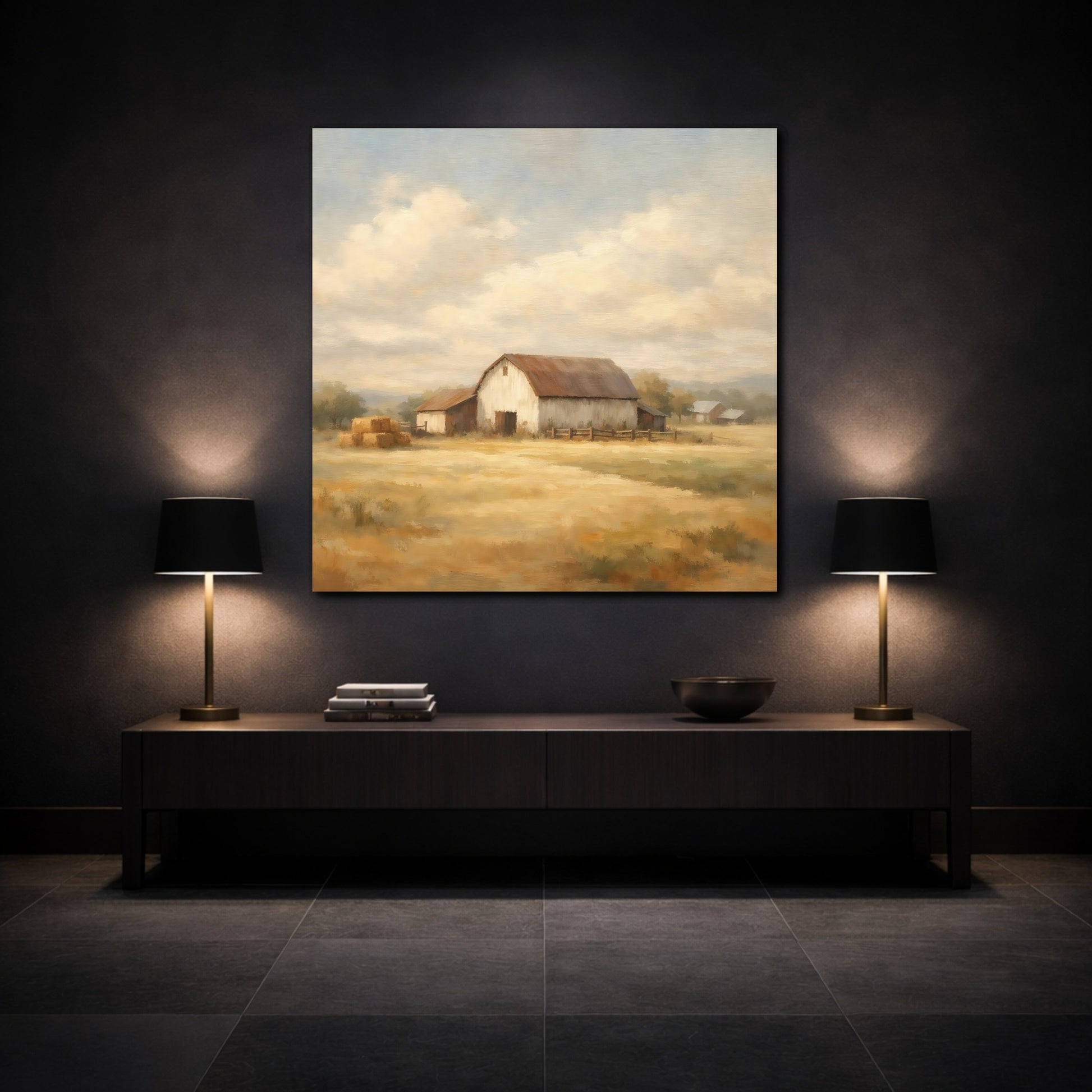 Mockup 3. Nature Rustic Barn Brown And Yellow shown as stretched canvas wall art