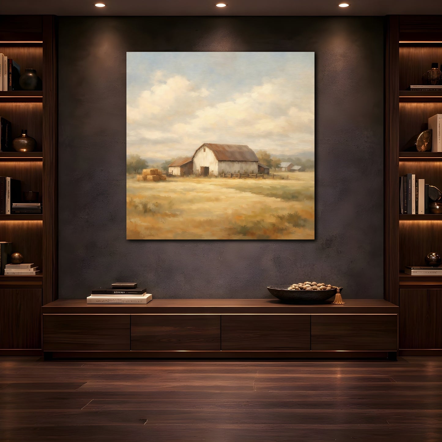 Mockup 4. Nature Rustic Barn Brown And Yellow shown as stretched canvas wall art