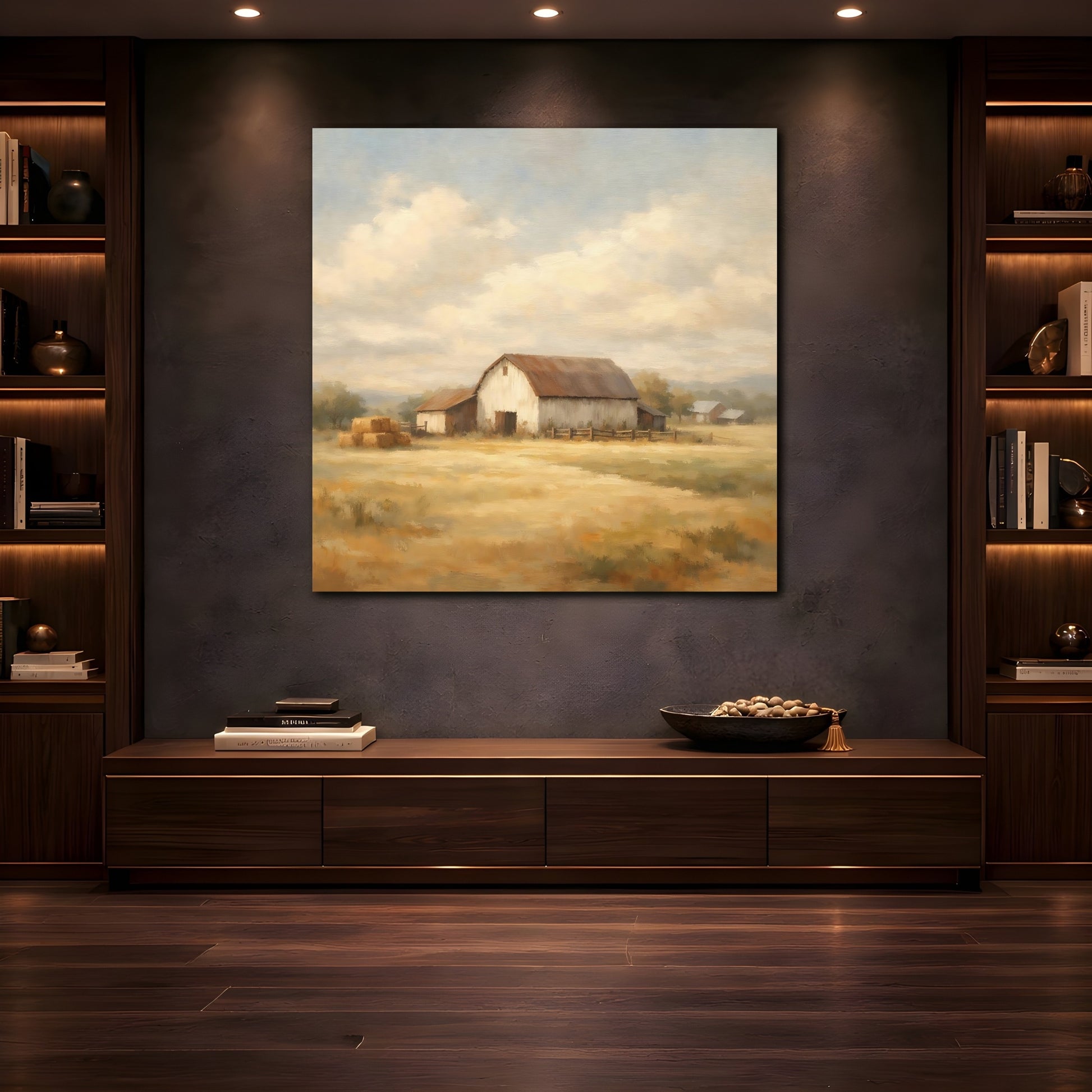 Mockup 4. Nature Rustic Barn Brown And Yellow shown as stretched canvas wall art