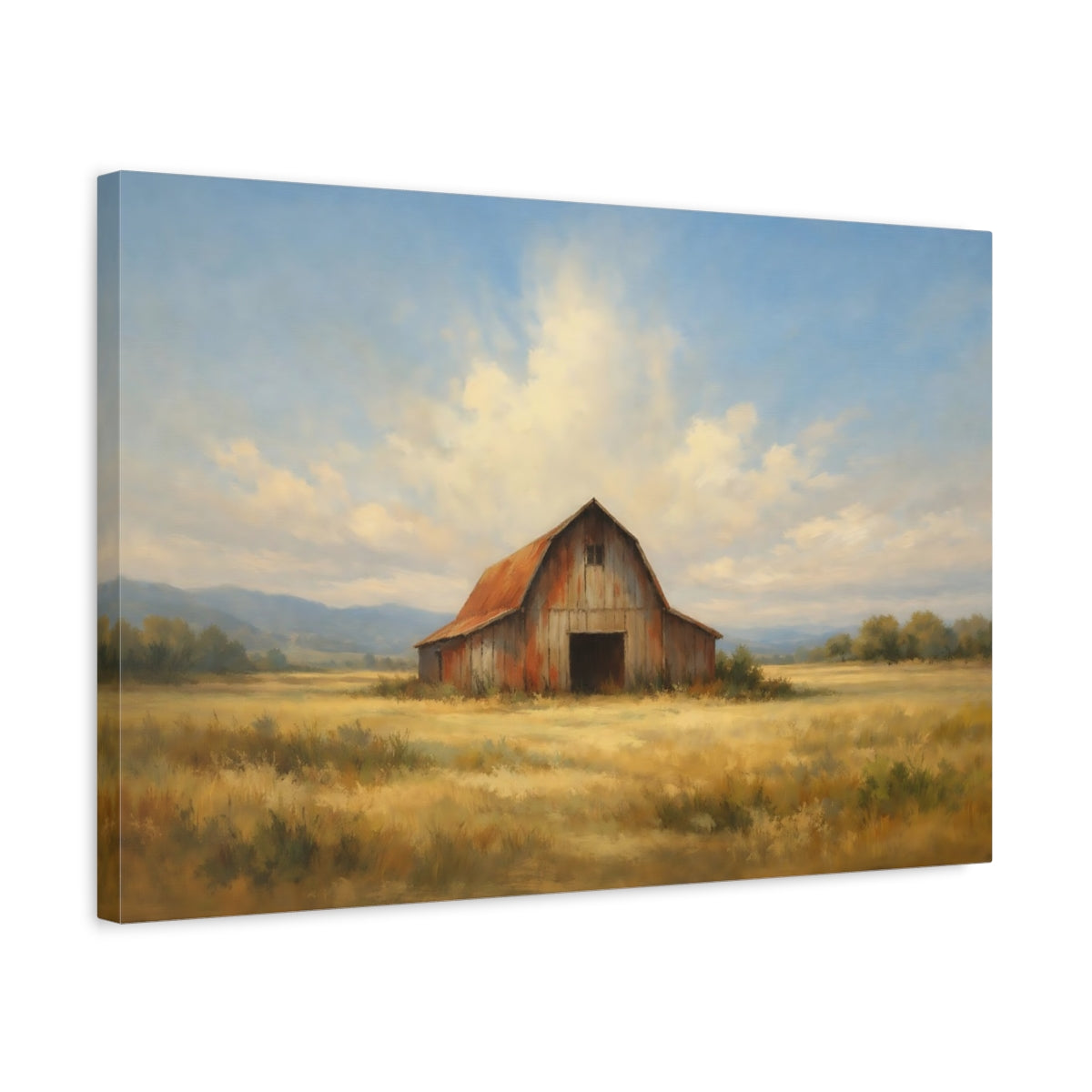 Side Mockup 3. Nature Rustic Barn Barn Landscape shown as stretched canvas wall art