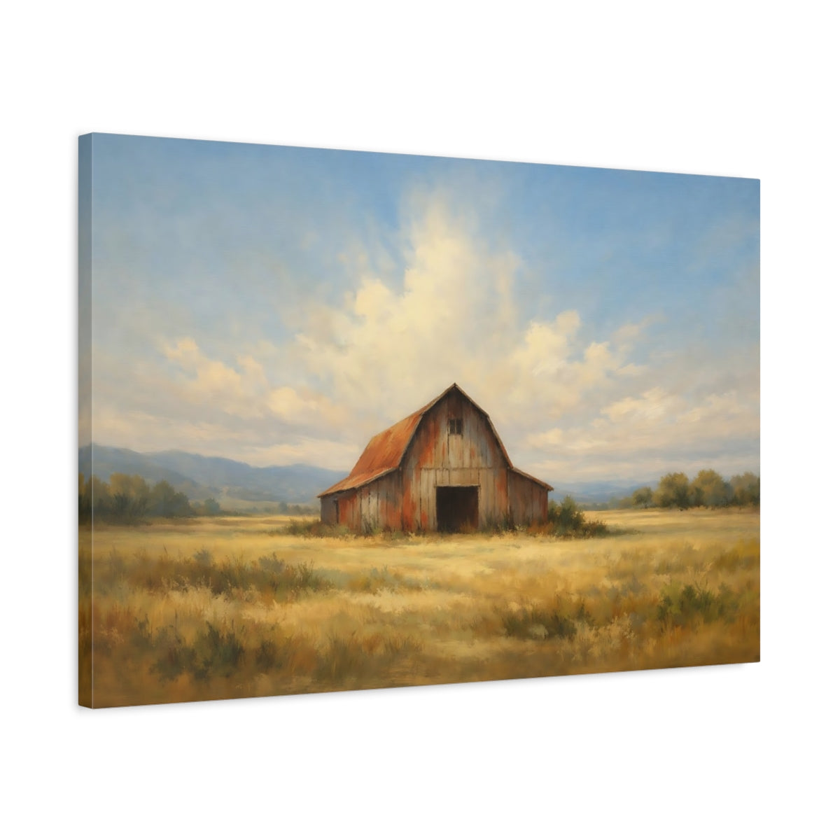Side Mockup 2. Nature Rustic Barn Barn Landscape shown as stretched canvas wall art